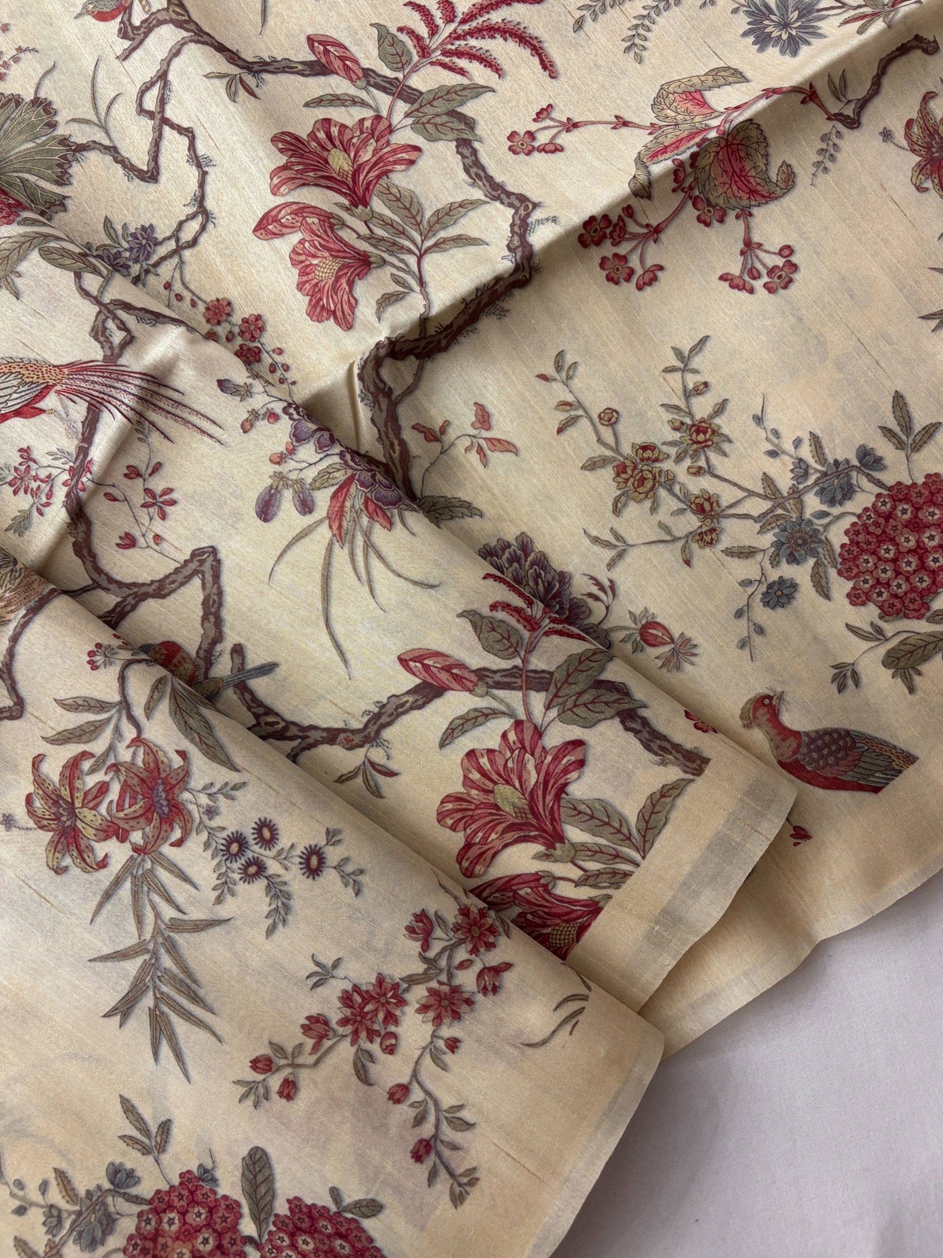 Cream Printed Tussar Silk Saree