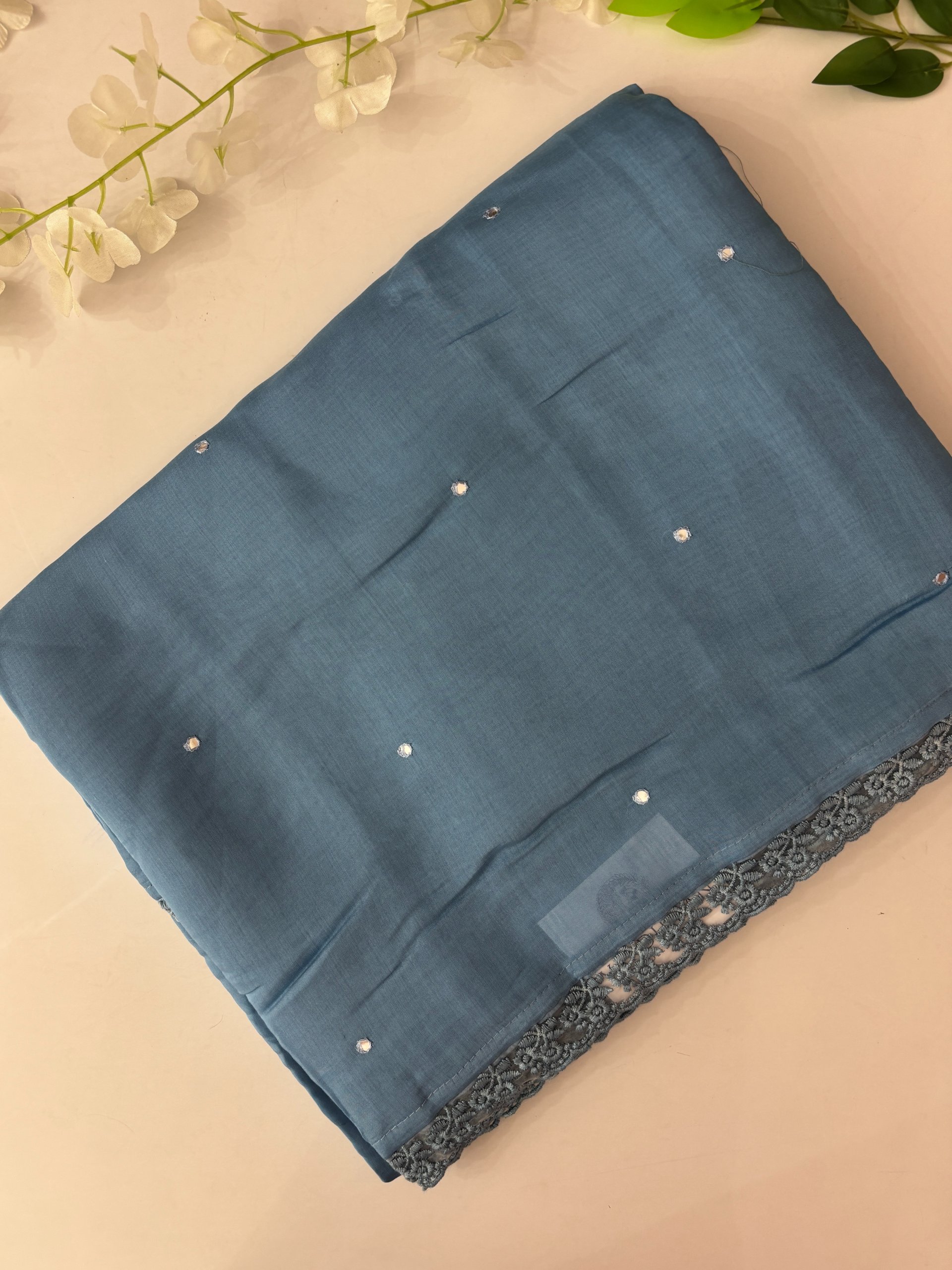 Powder Blue Mul Chanderi Saree with Mirror Work