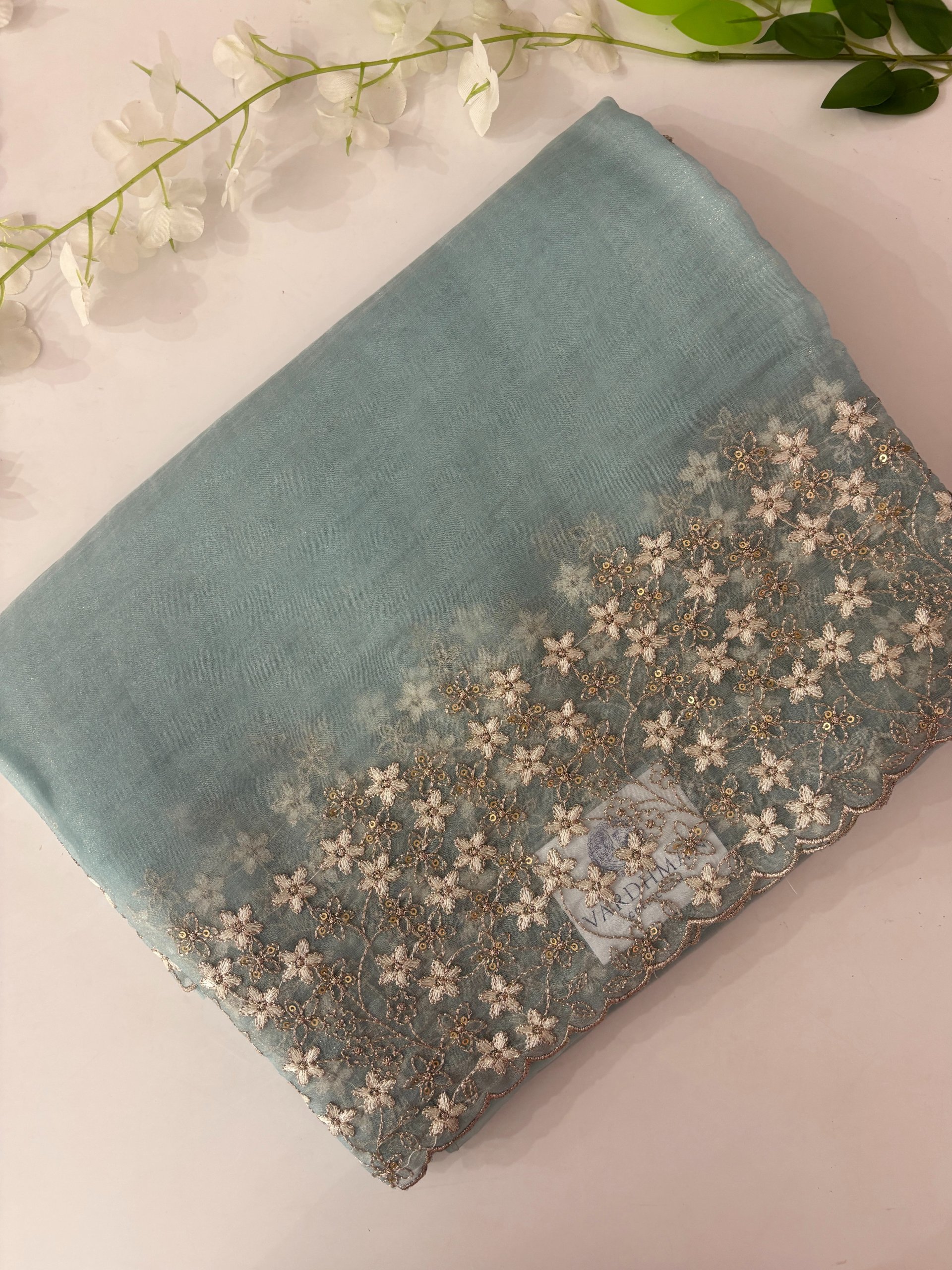 Light Blue Crush Tissue Organza Saree with Embroidery