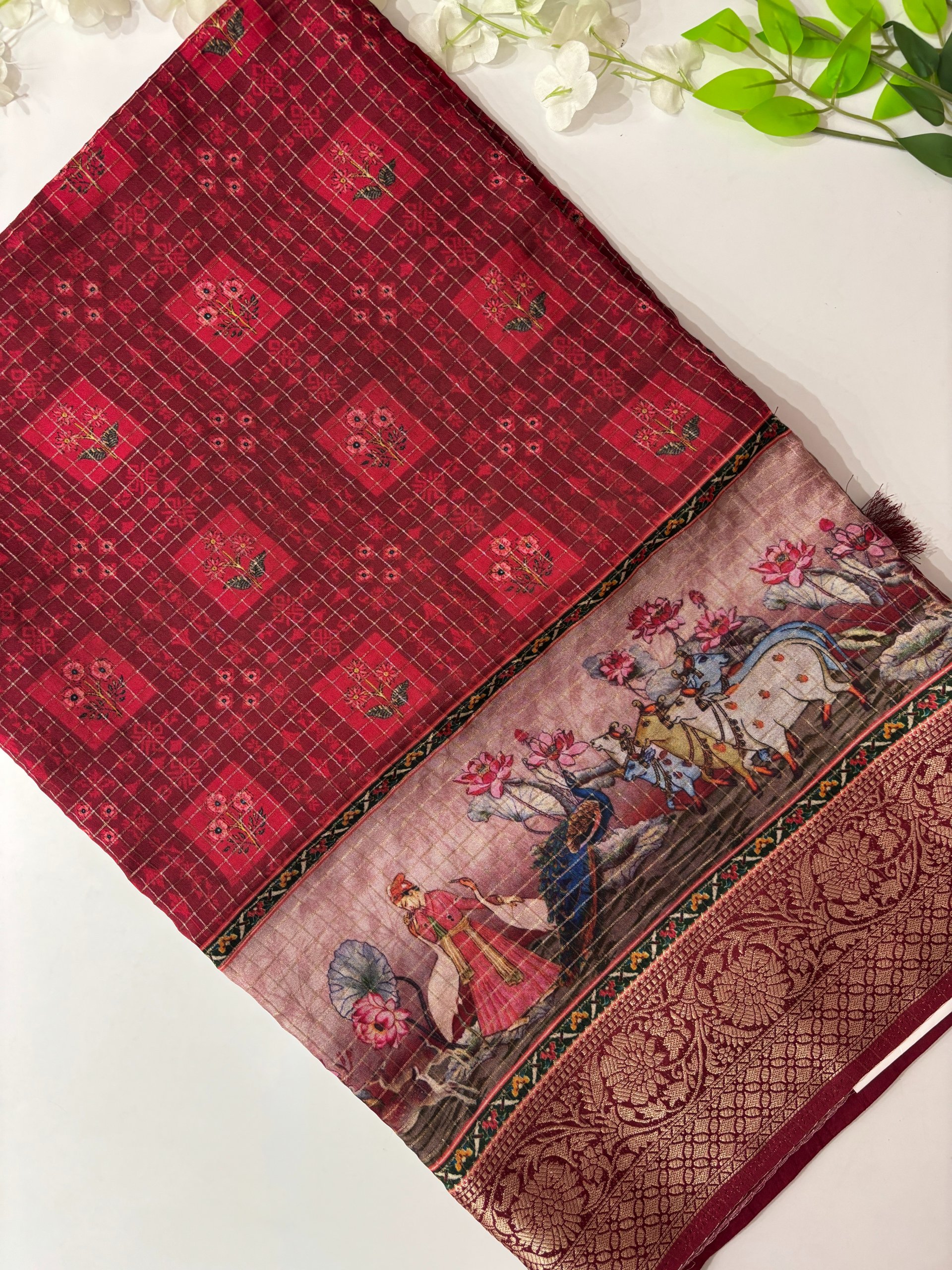 Red Fancy Printed Dola Silk Saree
