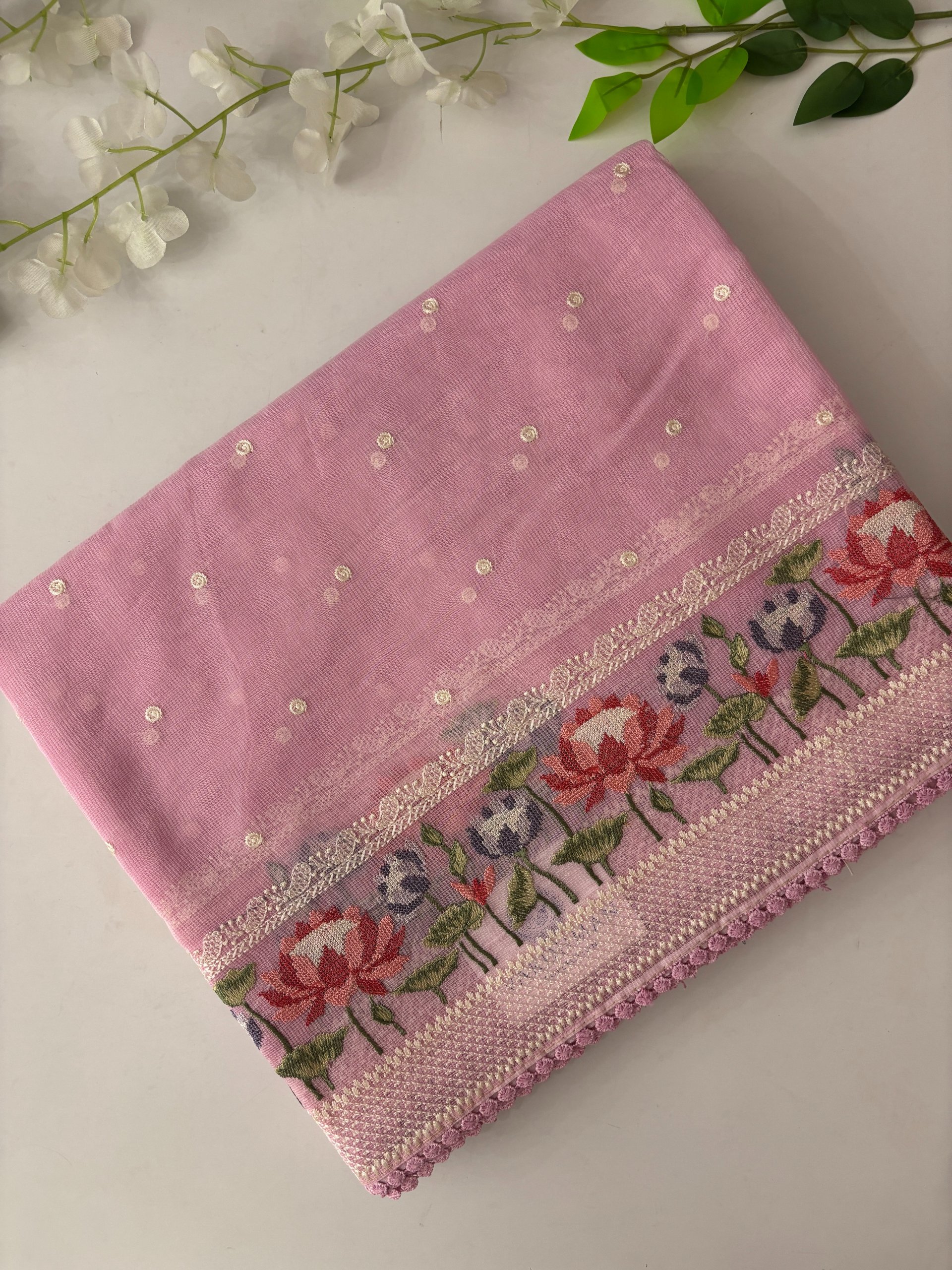 Pink Supernet Saree with Embroidery