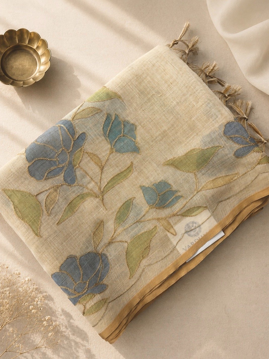 Cream Tissue Linen Sarees with Zari Embroidery