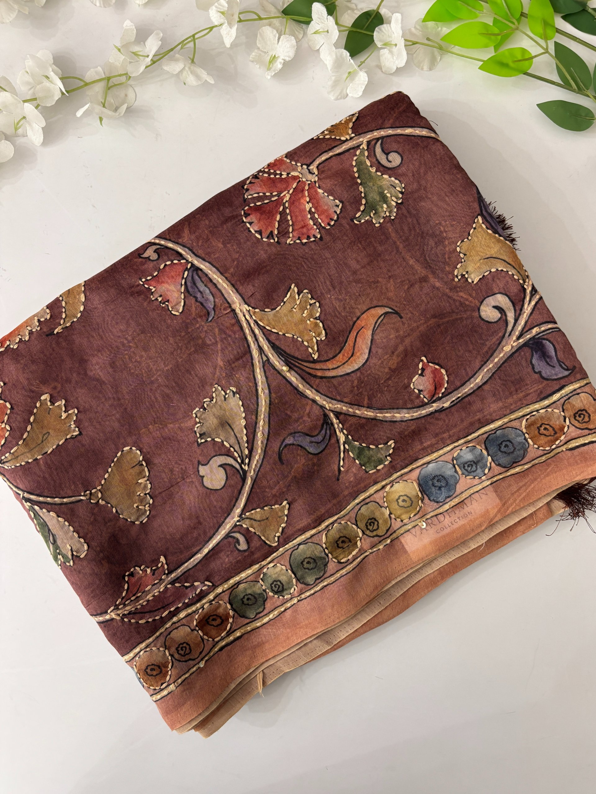 Brown Kalamkari X Chanderi Cotton Saree with Kantha Work