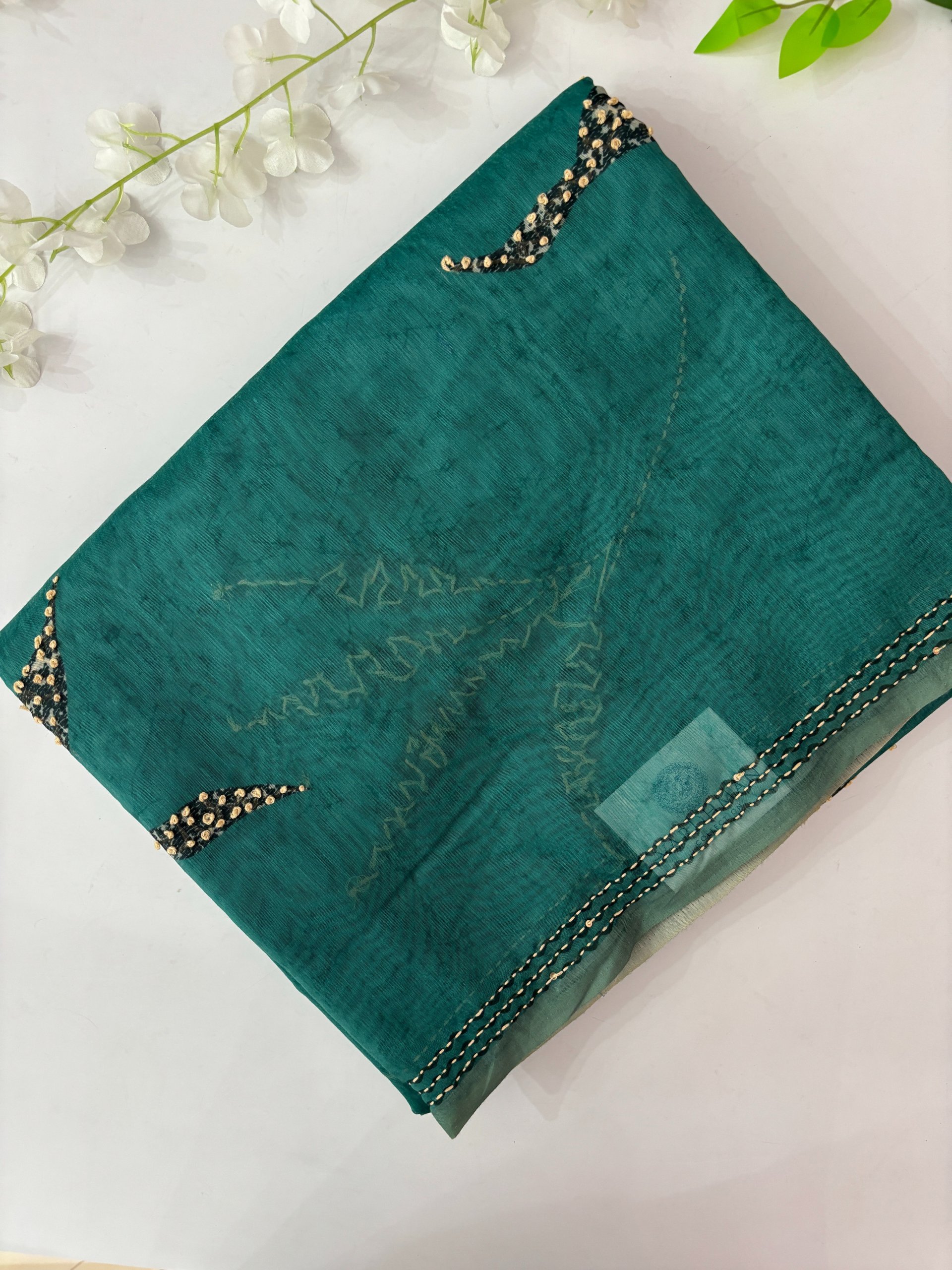 Green Printed Chanderi Cotton Saree with Knot Work