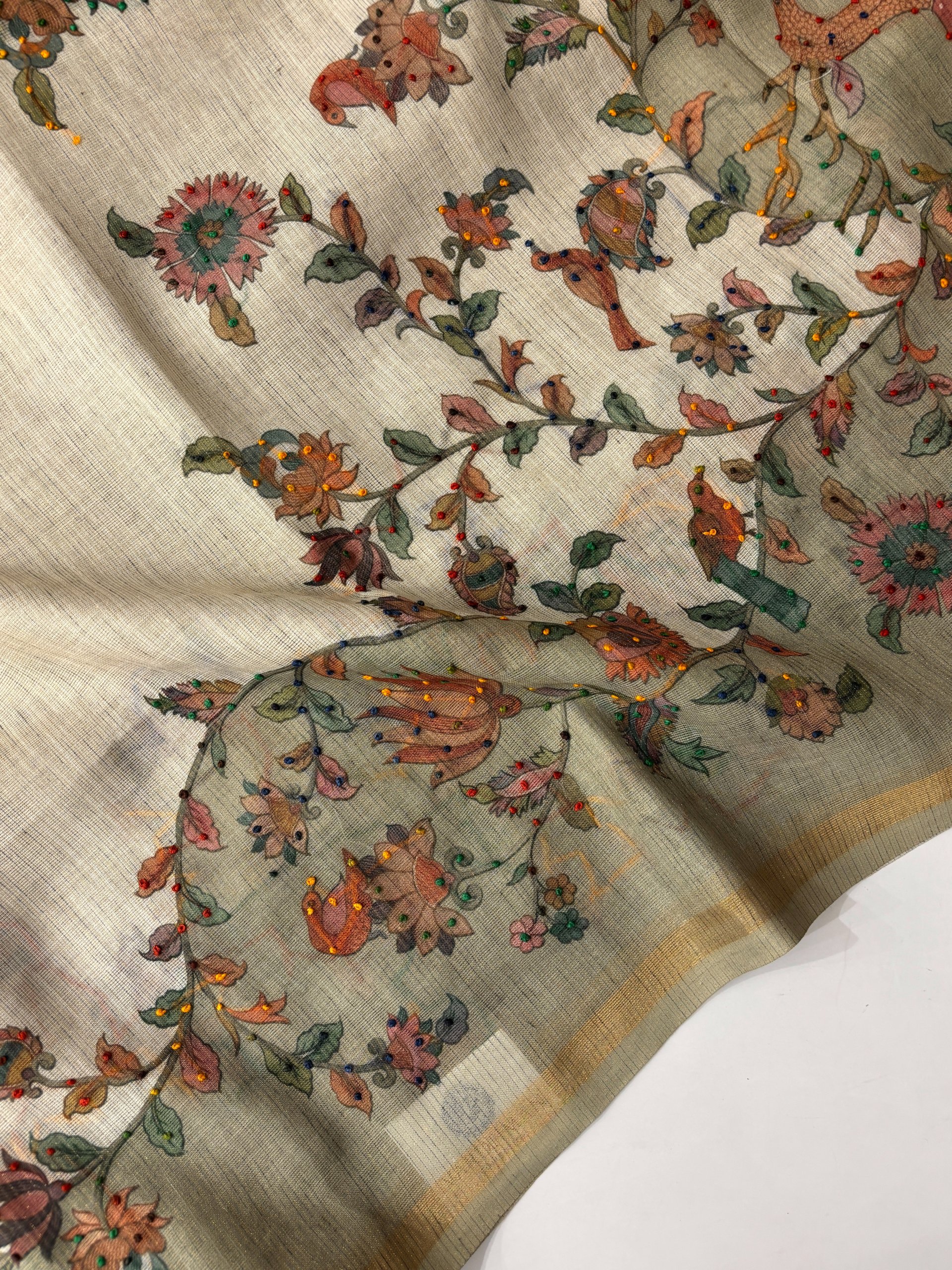 Off White and Green Tissue Linen Knot Work Saree