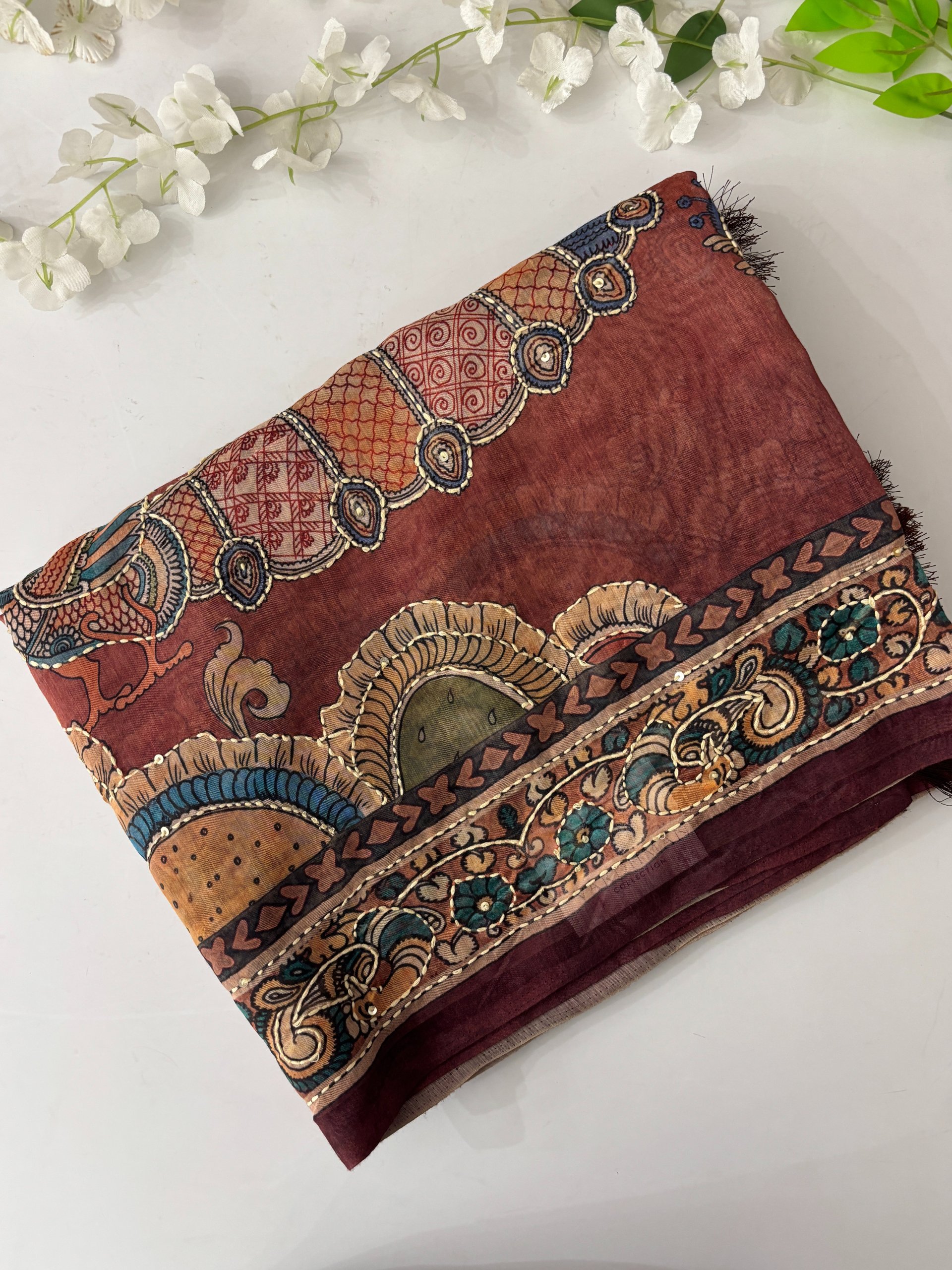 Rust Kalamkari X Chanderi Cotton Saree with Kantha Work