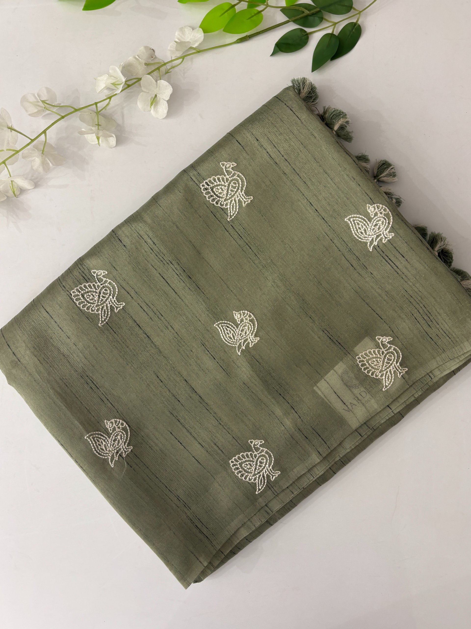 Green Tussar Silk Saree with Embroidery & Printed Blouse