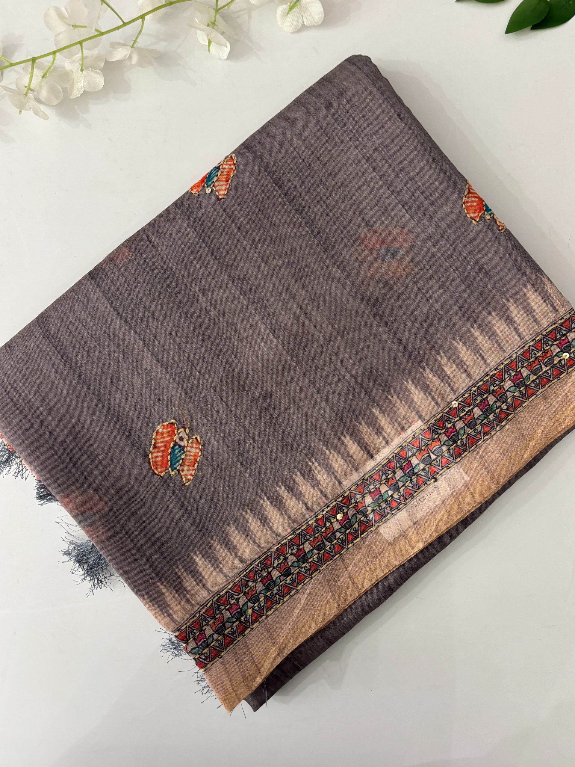 Grey Madhubani Saree with Kantha Work