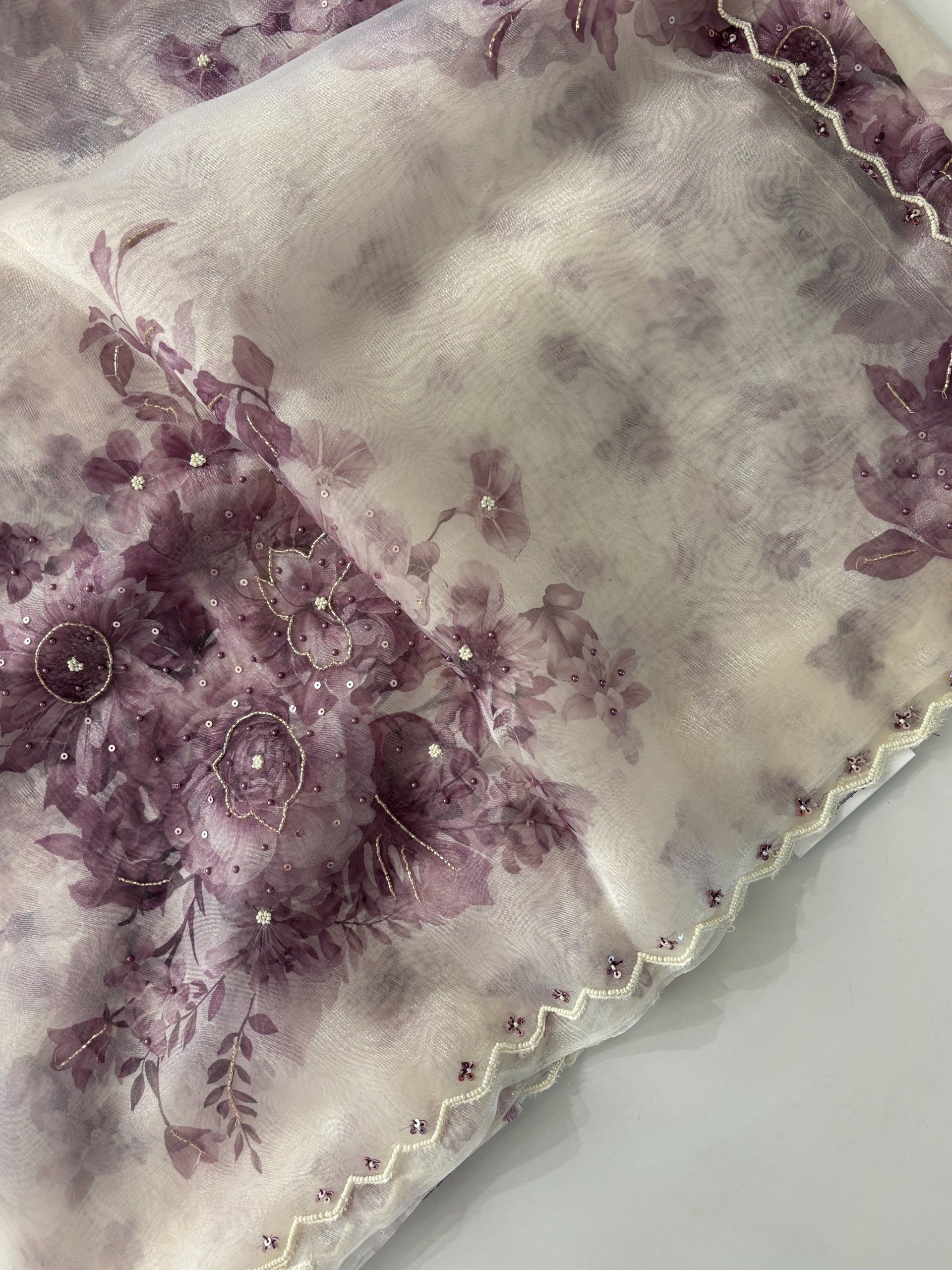 Purple - White Floral Tissue Organza Saree with Handwork