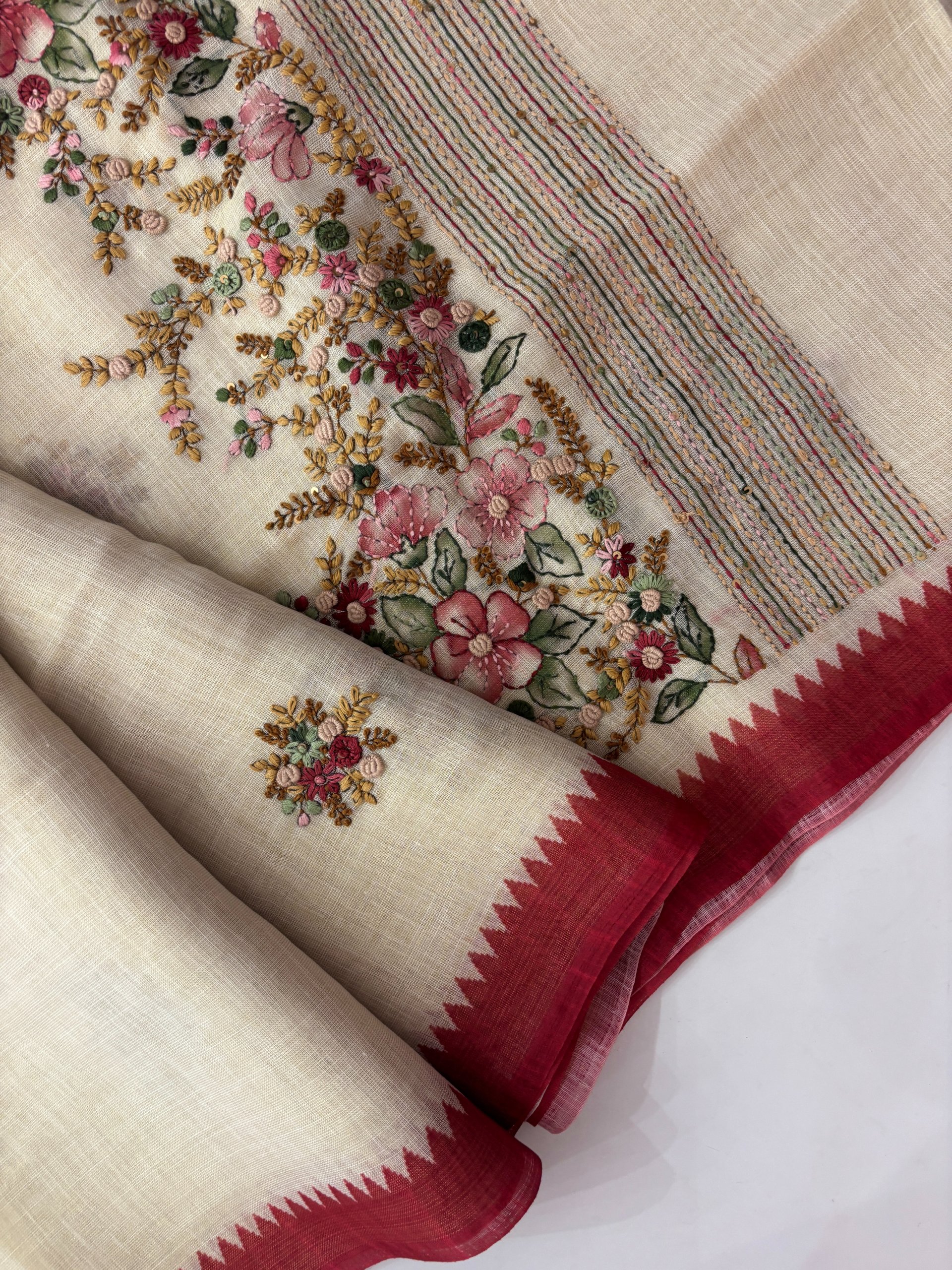 Red Linen Tissue Saree with Knot Work