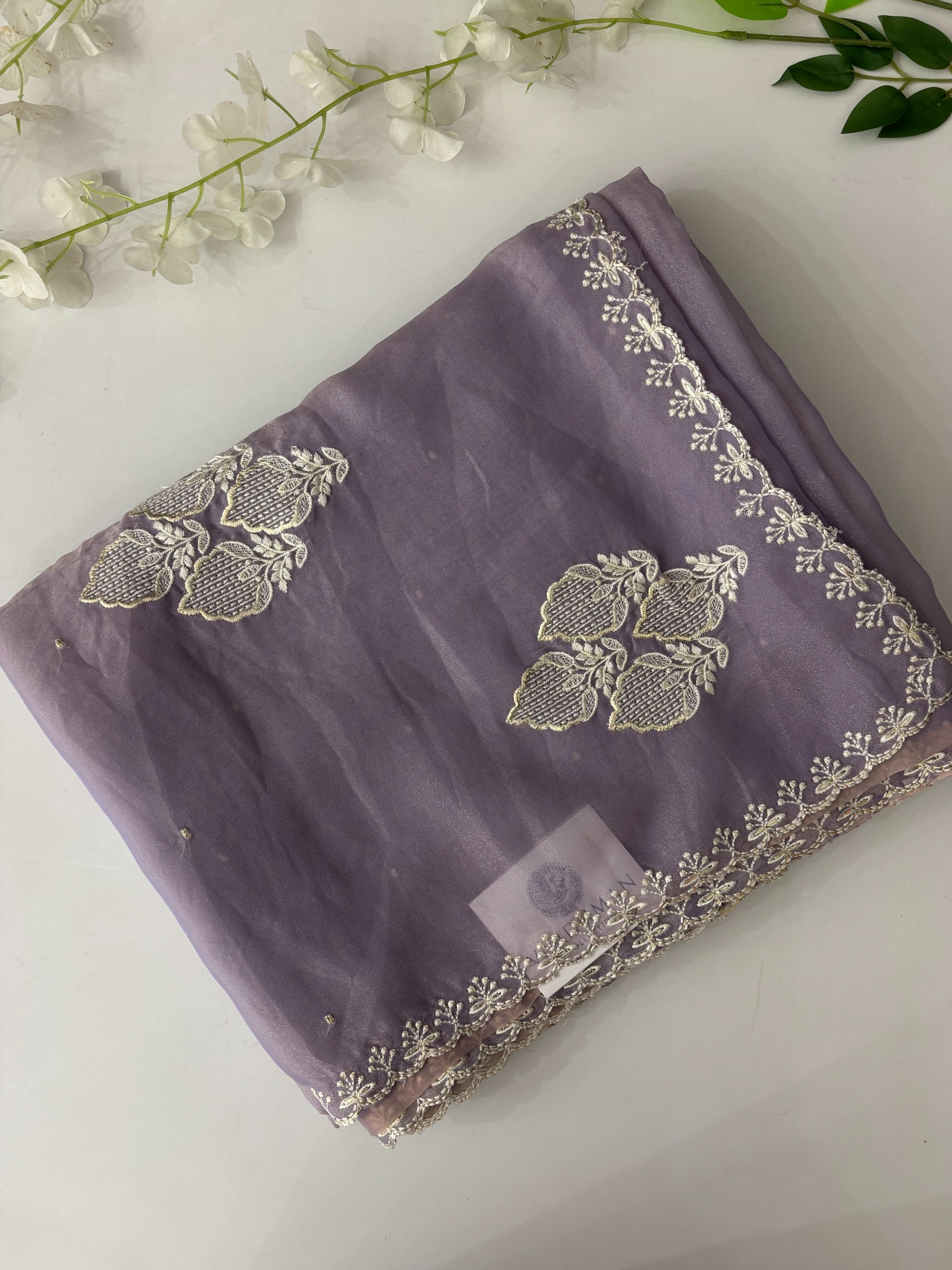 Lavender Georgette Shimmer Saree with Delicate Embroidery