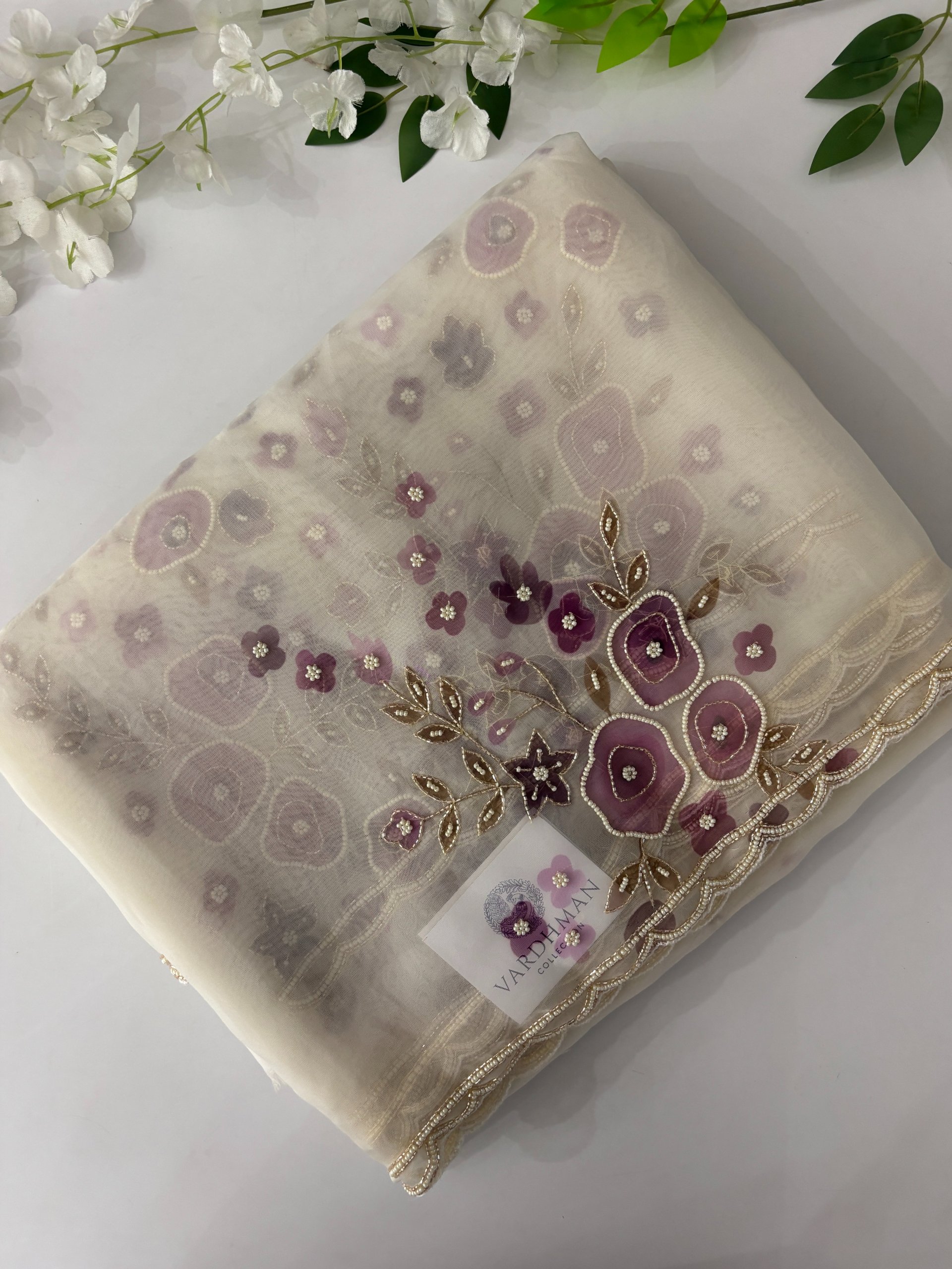 Pink Floral White Organza Sarees with Handwork