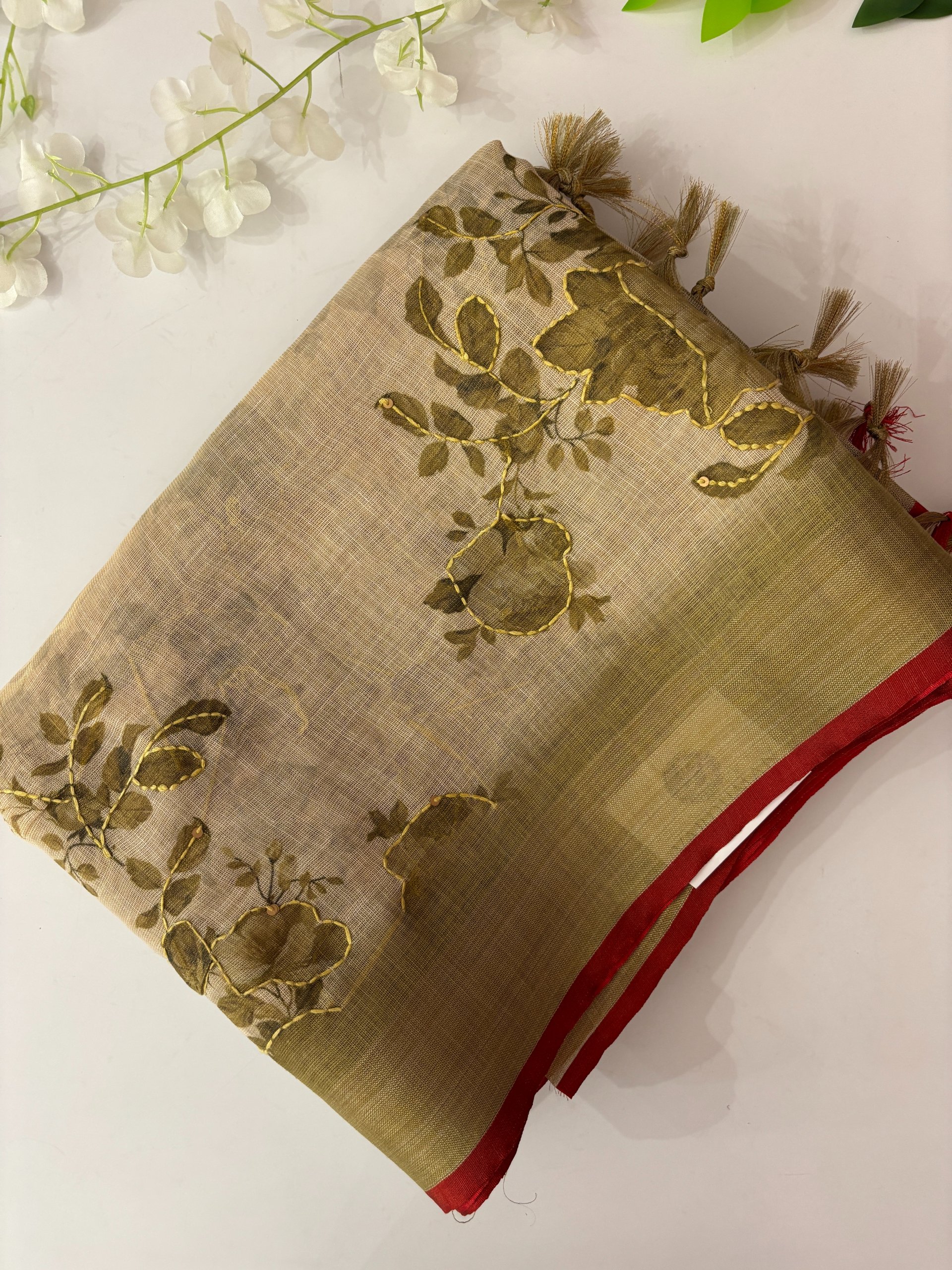 Mustard and Cream Linen Tissue Saree with Kantha Work