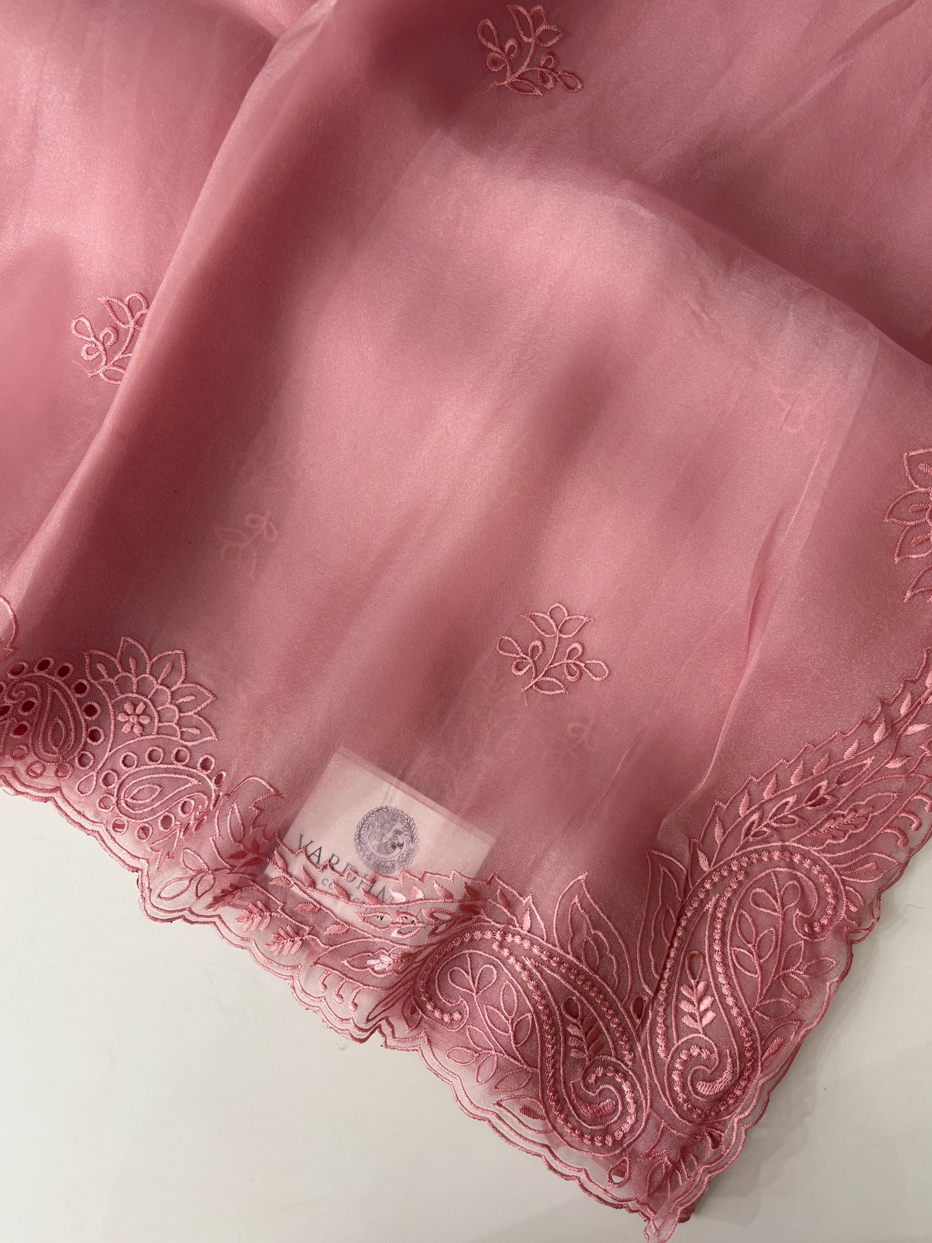 Light Pink Soft Organza Saree with Cutwork and Scalloping Border