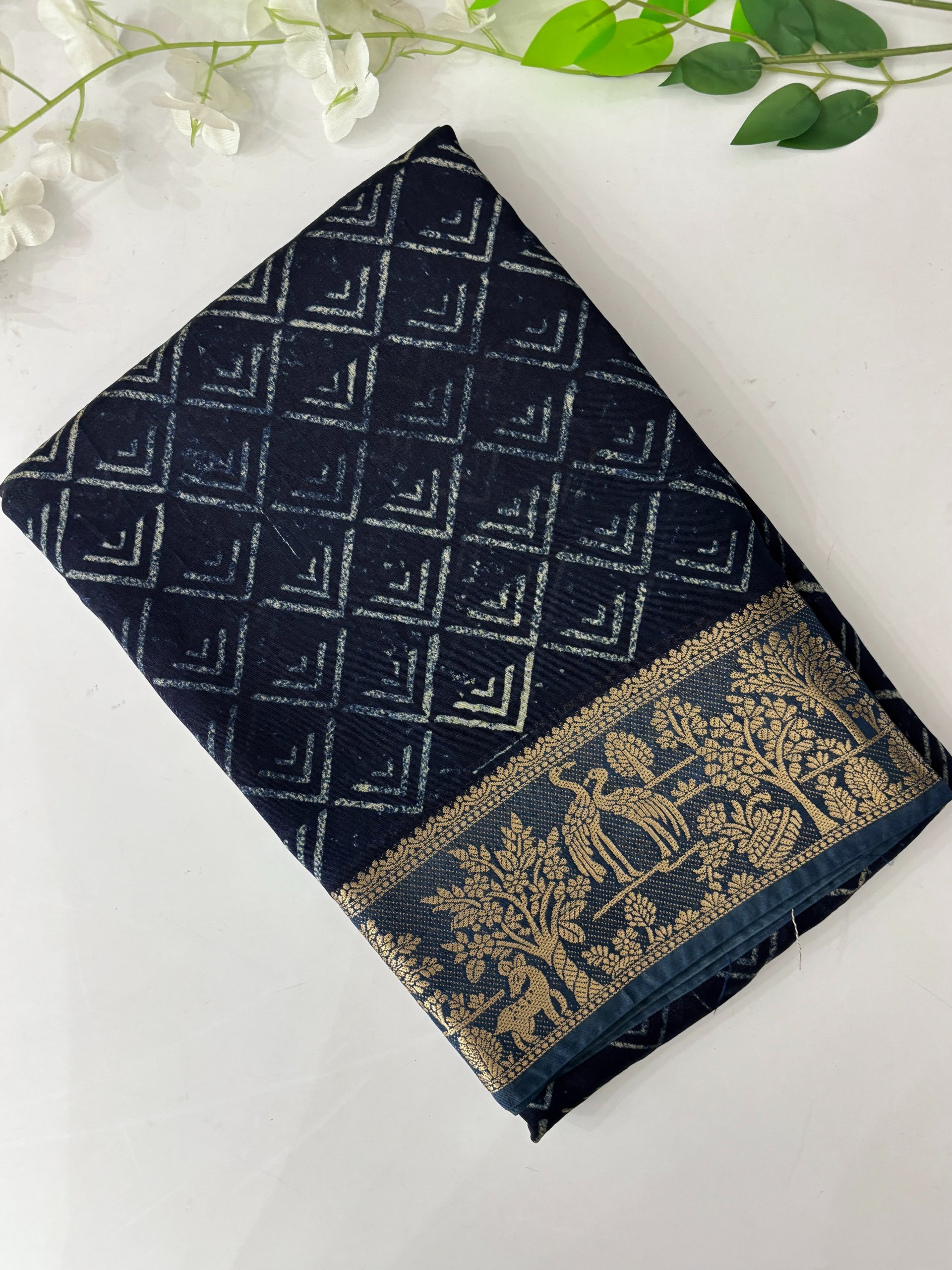 Semi Indigo Print Chanderi Cotton Saree