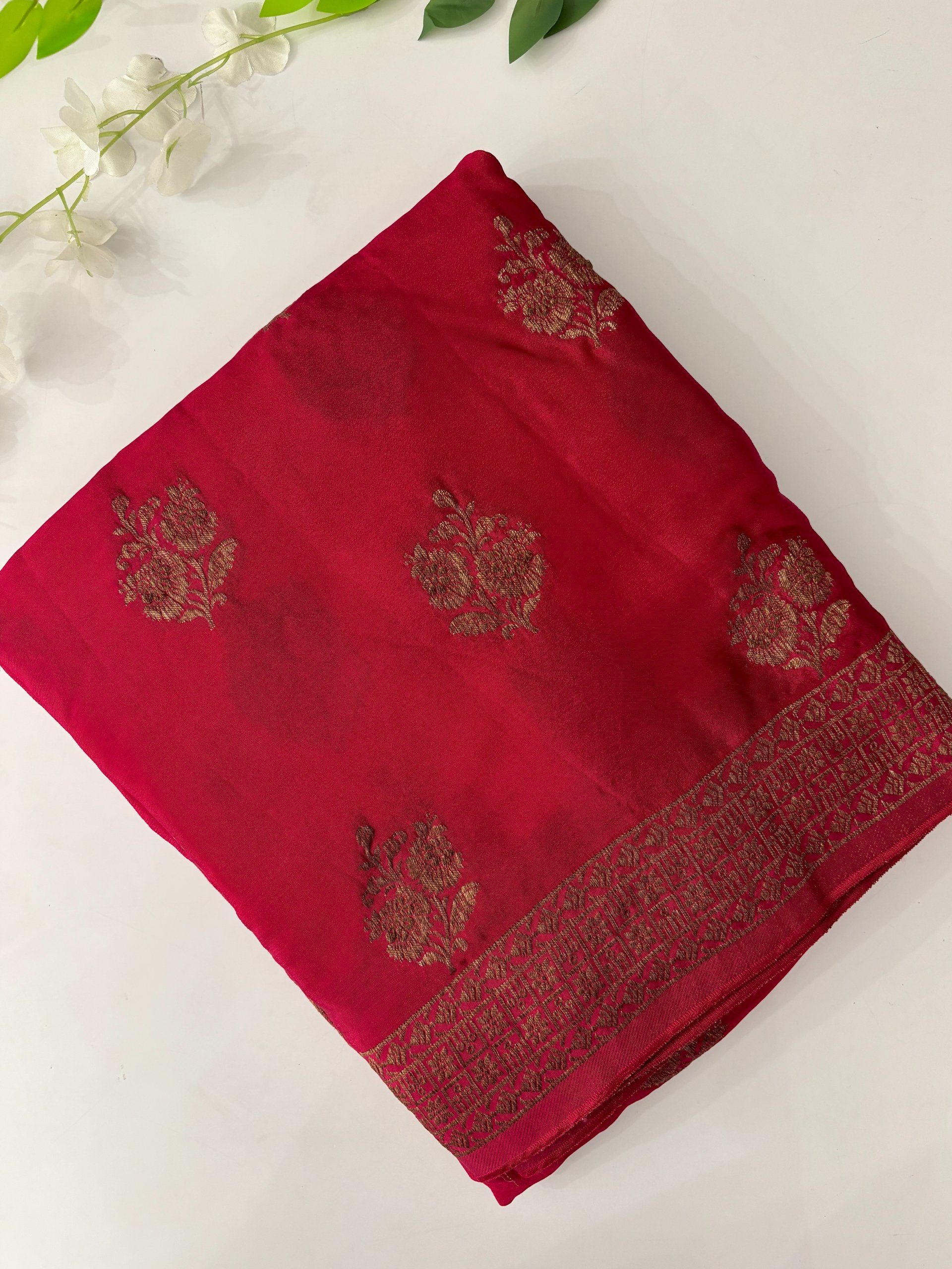 Pink Semi Banarasi Crepe Saree
