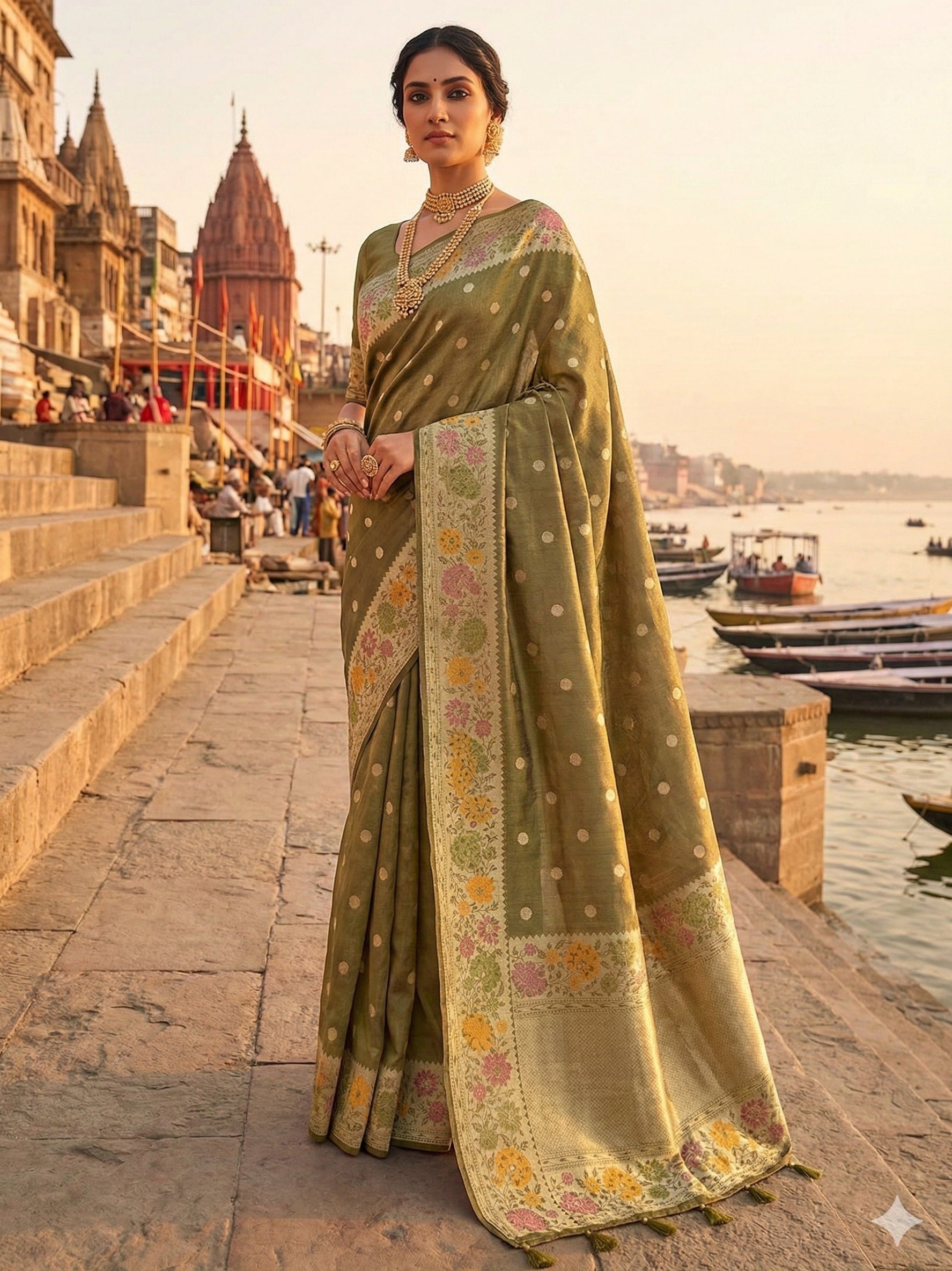 Olive Banarasi Tussar Tissue Saree