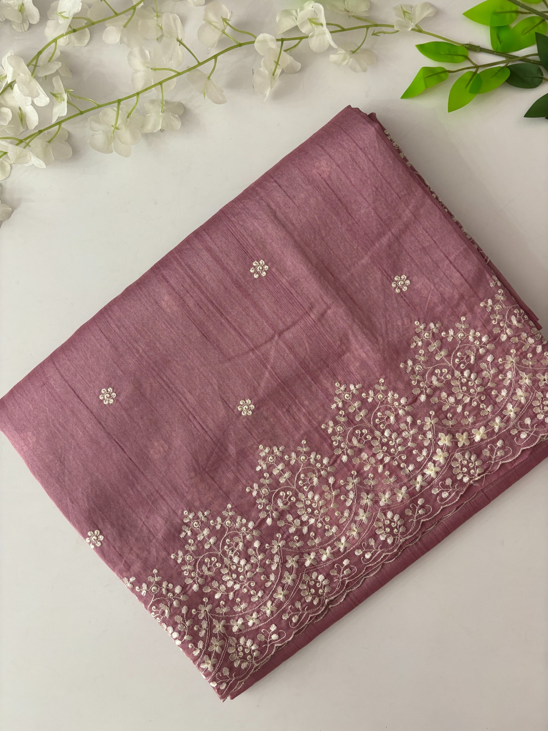 Pink Semi Tussar Silk Saree with Embroidery 
