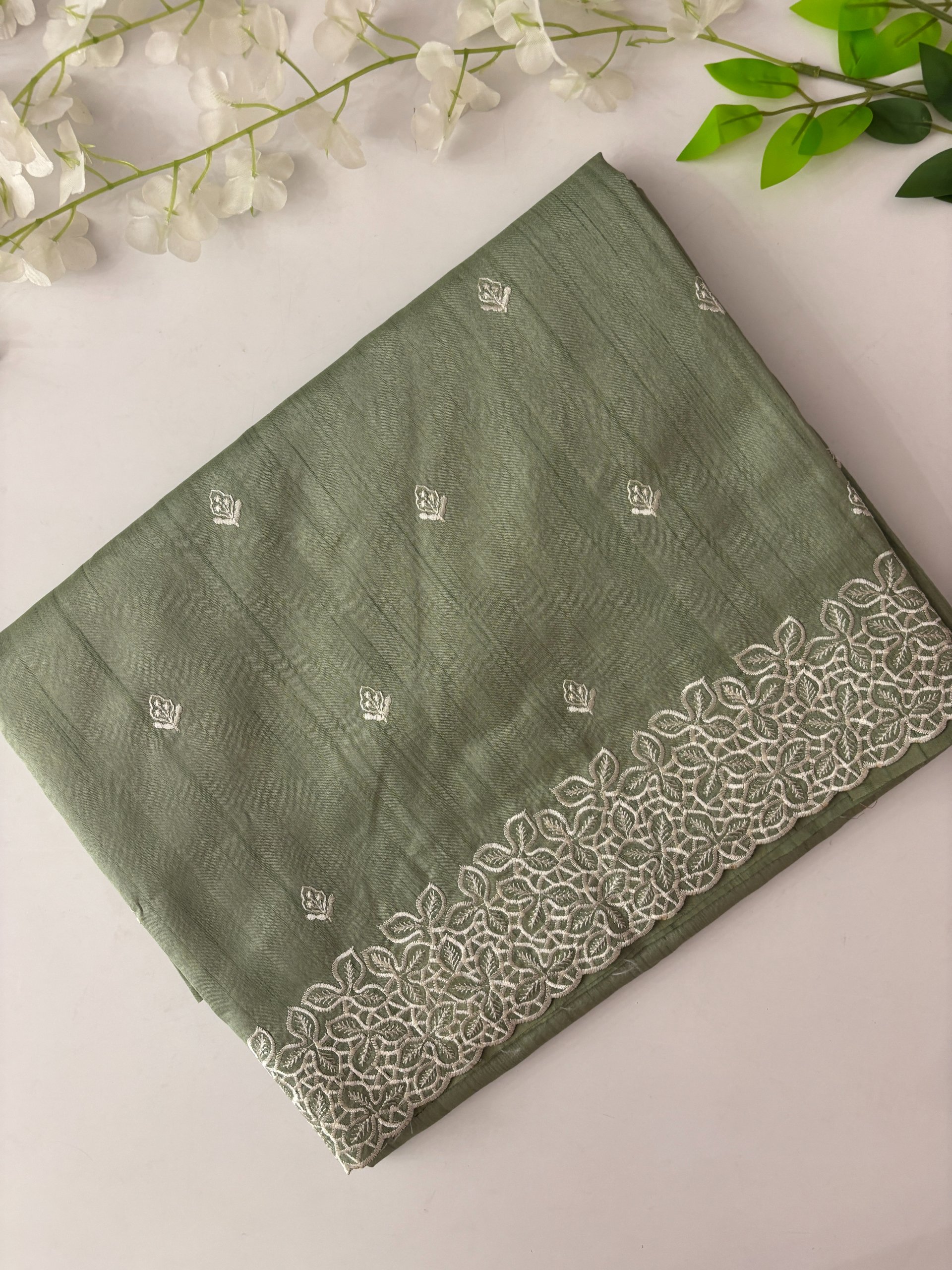 Green Semi Tussar Silk Saree with Embroidery 