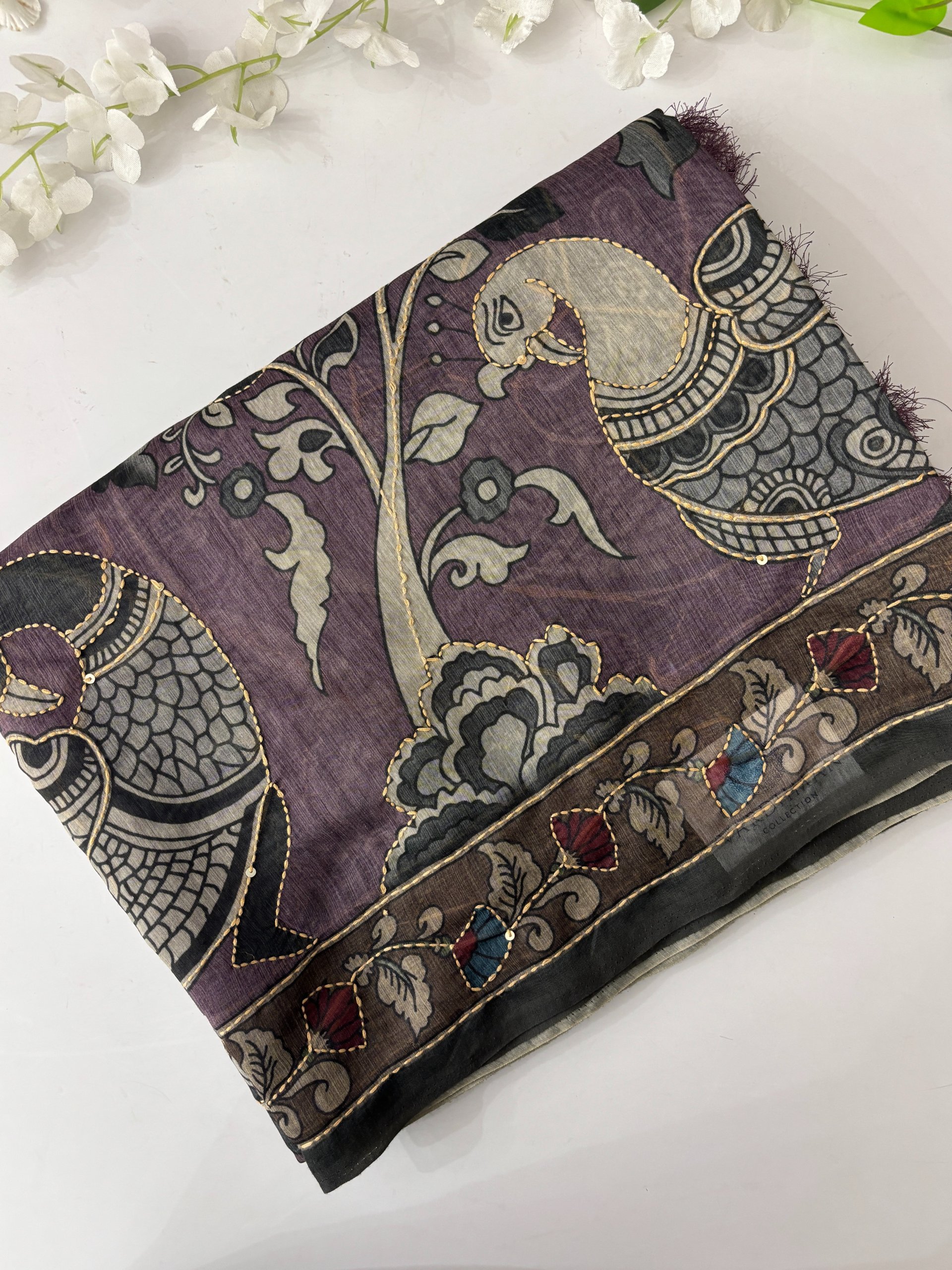 Dusty Lavender Kalamkari X Chanderi Cotton Saree with Kantha Work