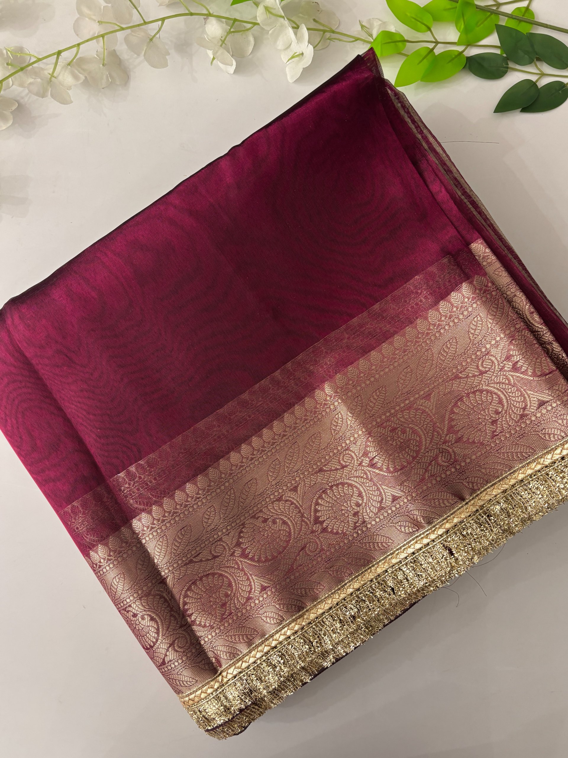 Pink Banarasi Tissue Saree with Lace Border