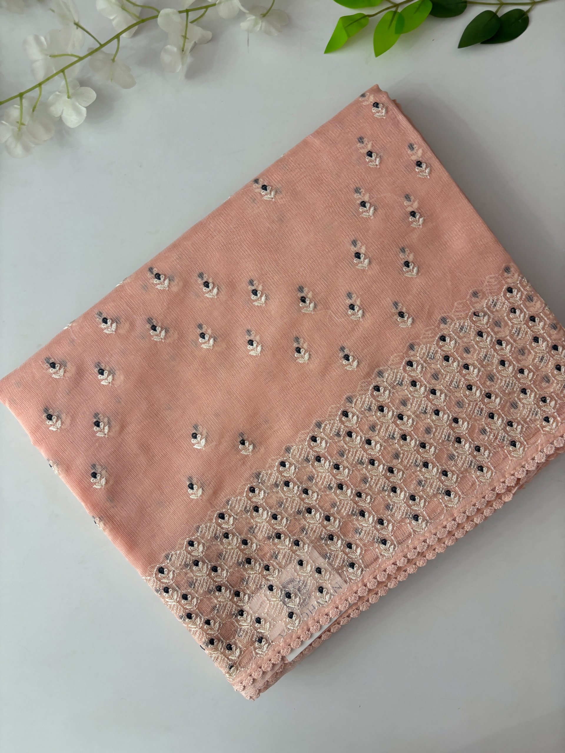 Light Peach Supernet Saree with Embroidery on it!!