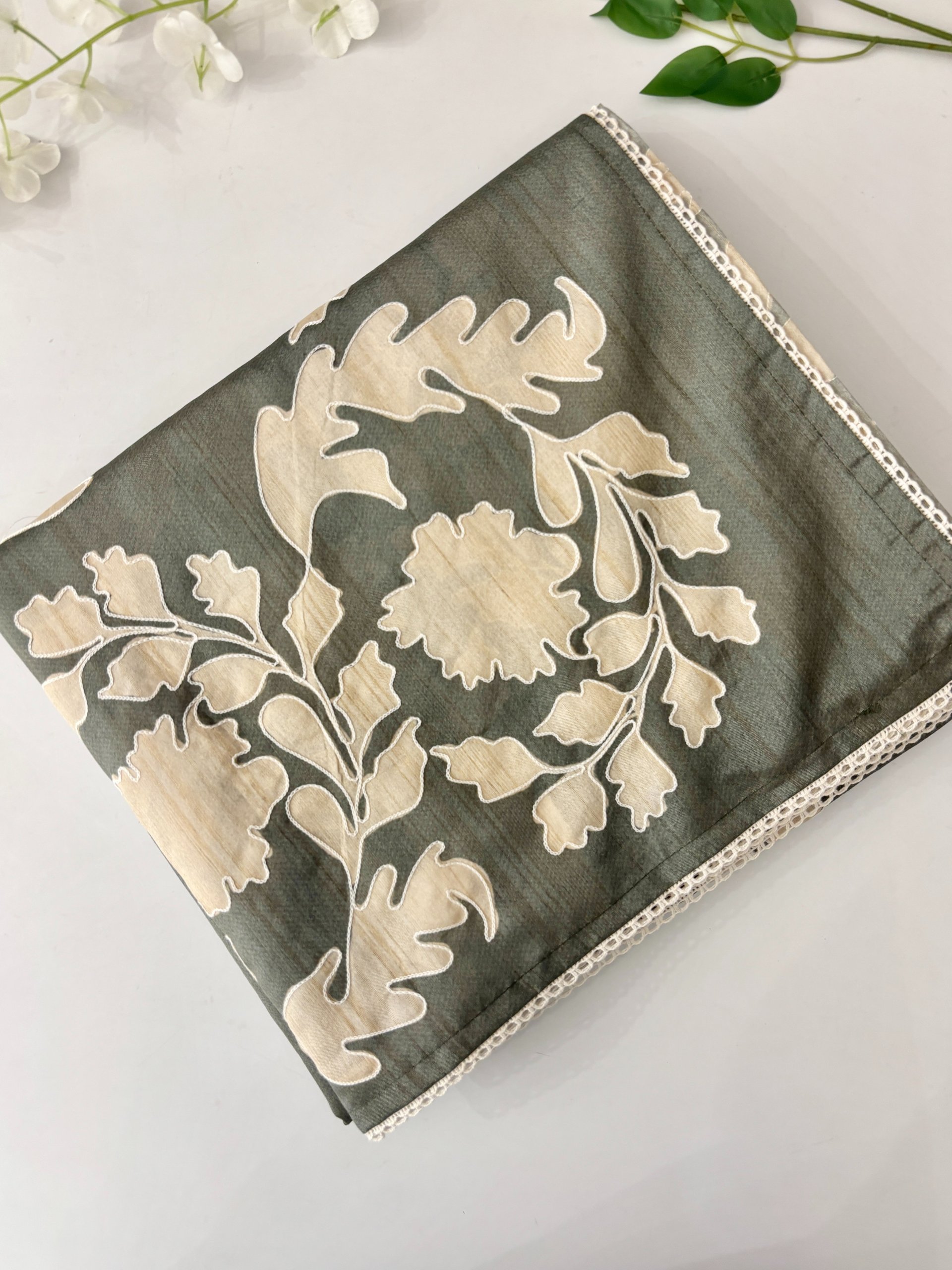 Olive Green Semi Printed Tussar Silk Sarees with Aari Work.