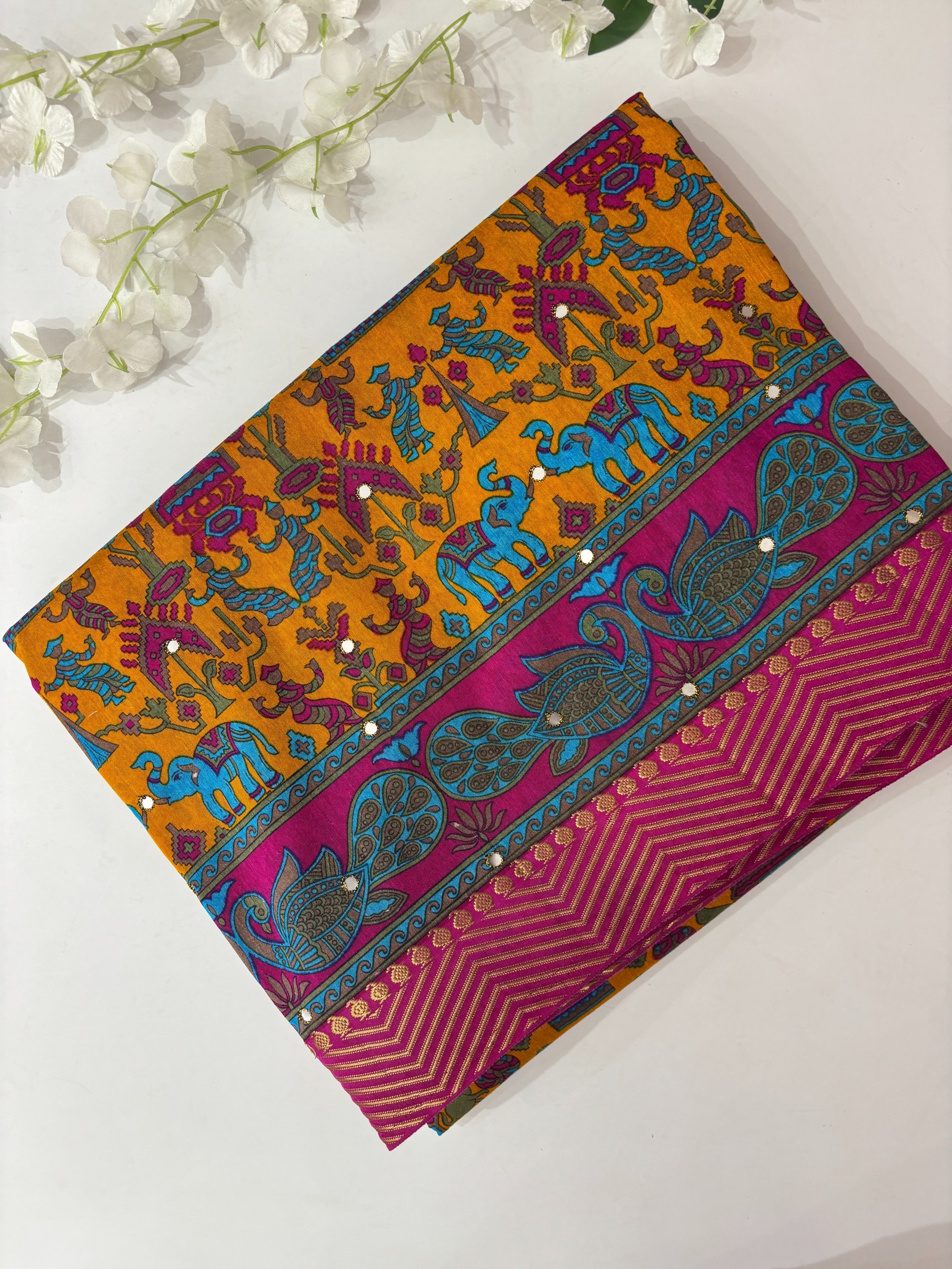 Mustard Printed Tussar Silk Saree with Mirror Work