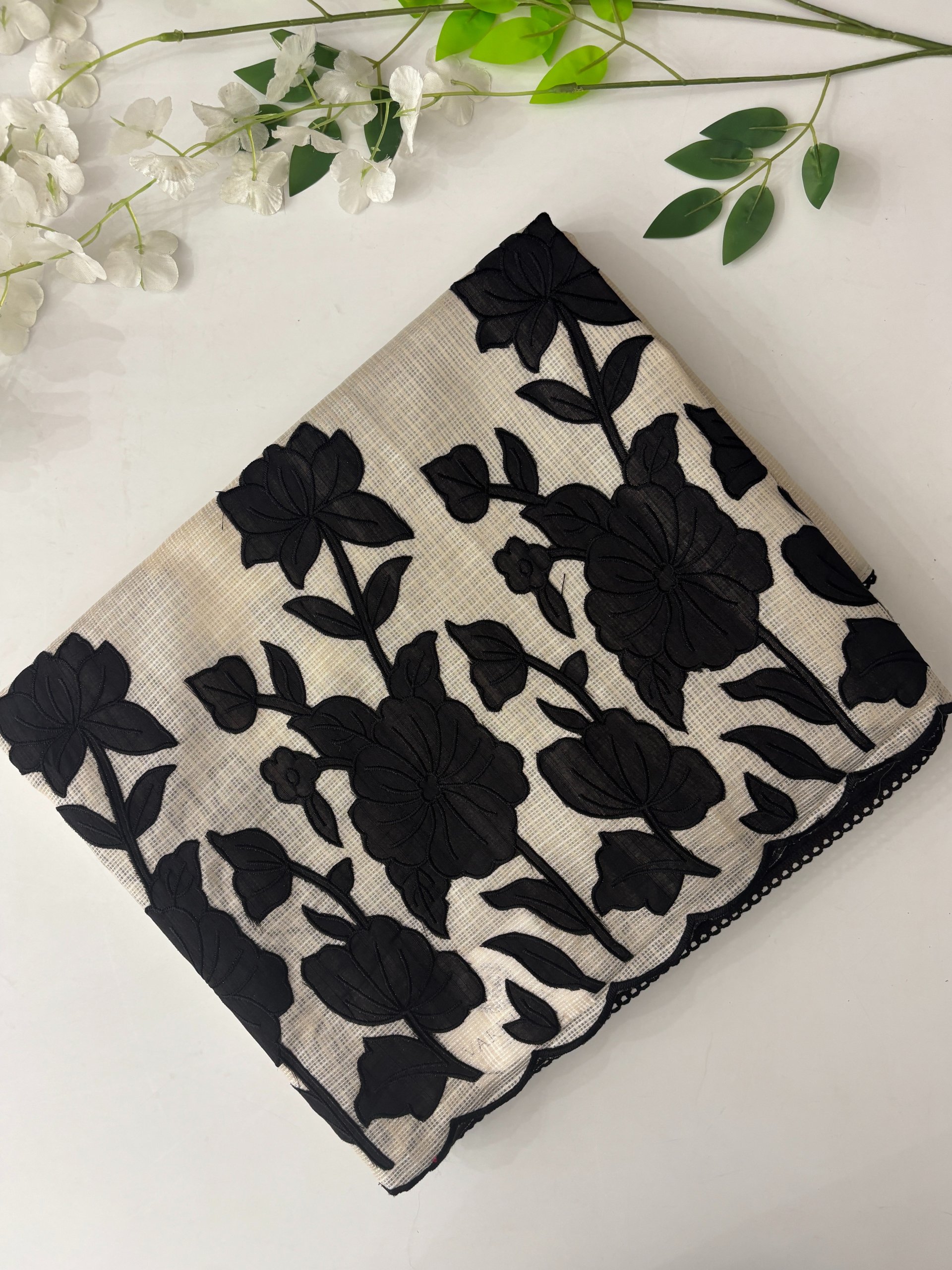 Off White and Black Supernet Saree with Appliqué Work 