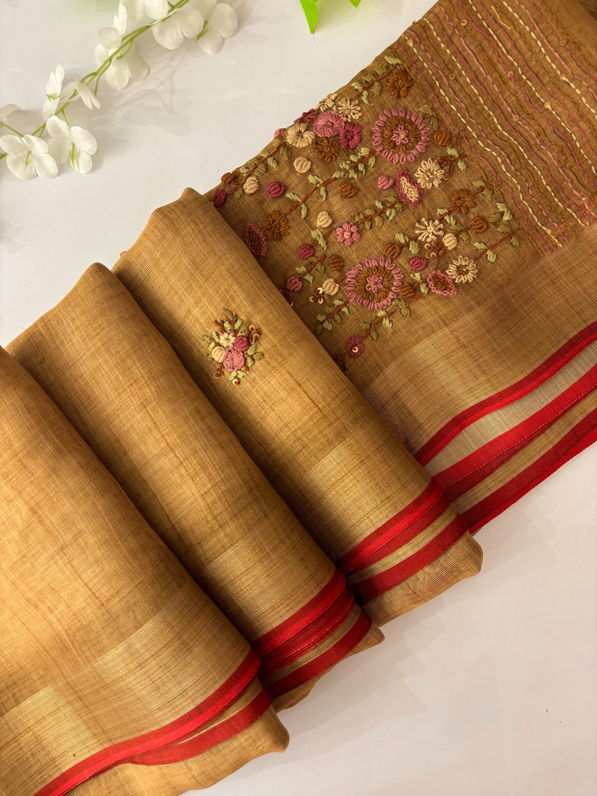 Dusty Golden Linen Tissue Saree with Knot Work