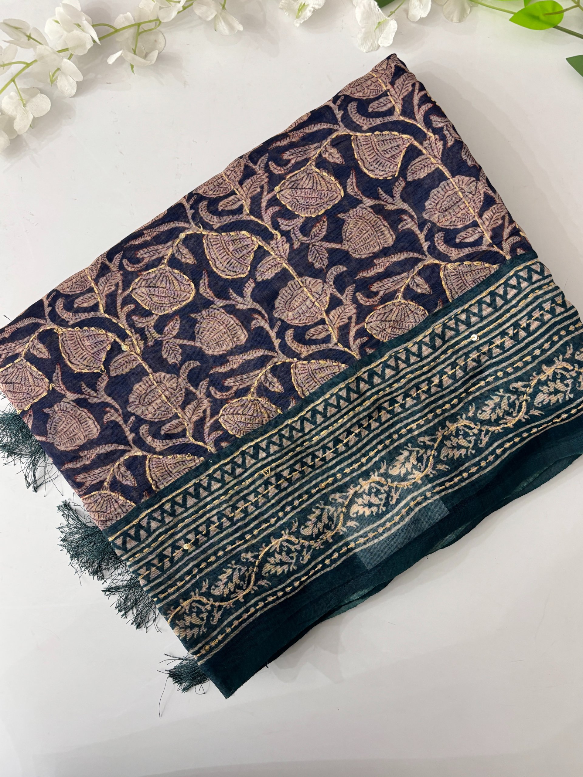 Navy Blue Kalamkari X Chanderi Cotton Saree with Kantha Work