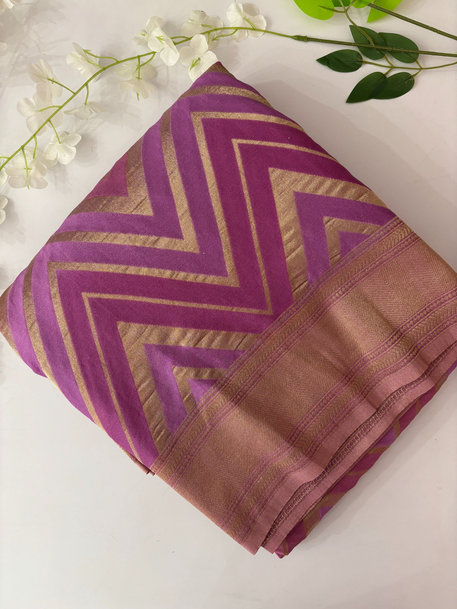 Pink Banarasi Rangkat Crepe Saree