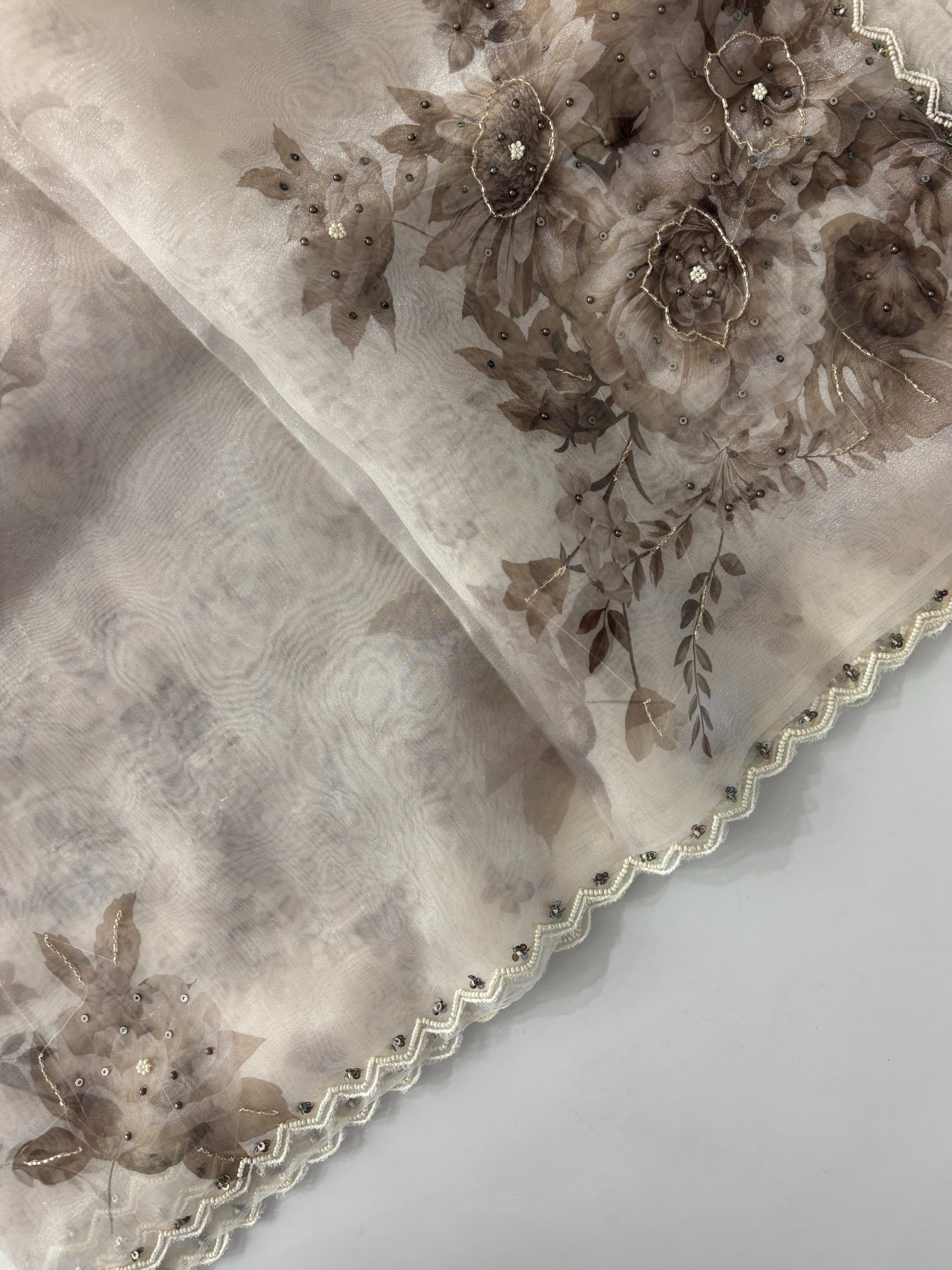 Brown - White Floral Tissue Organza Saree with Handwork