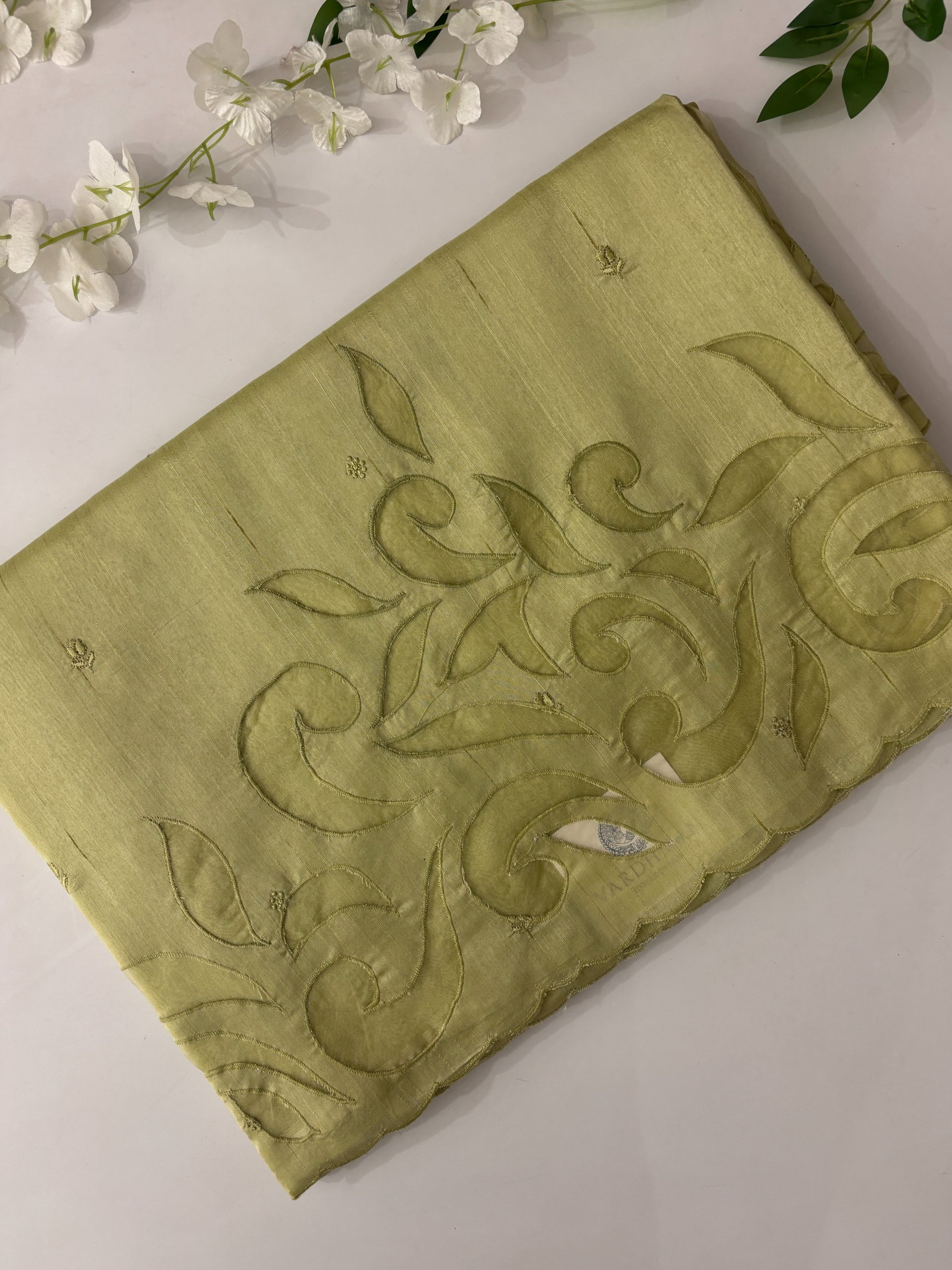 Light Green Tussar Silk Sarees with Applique Work