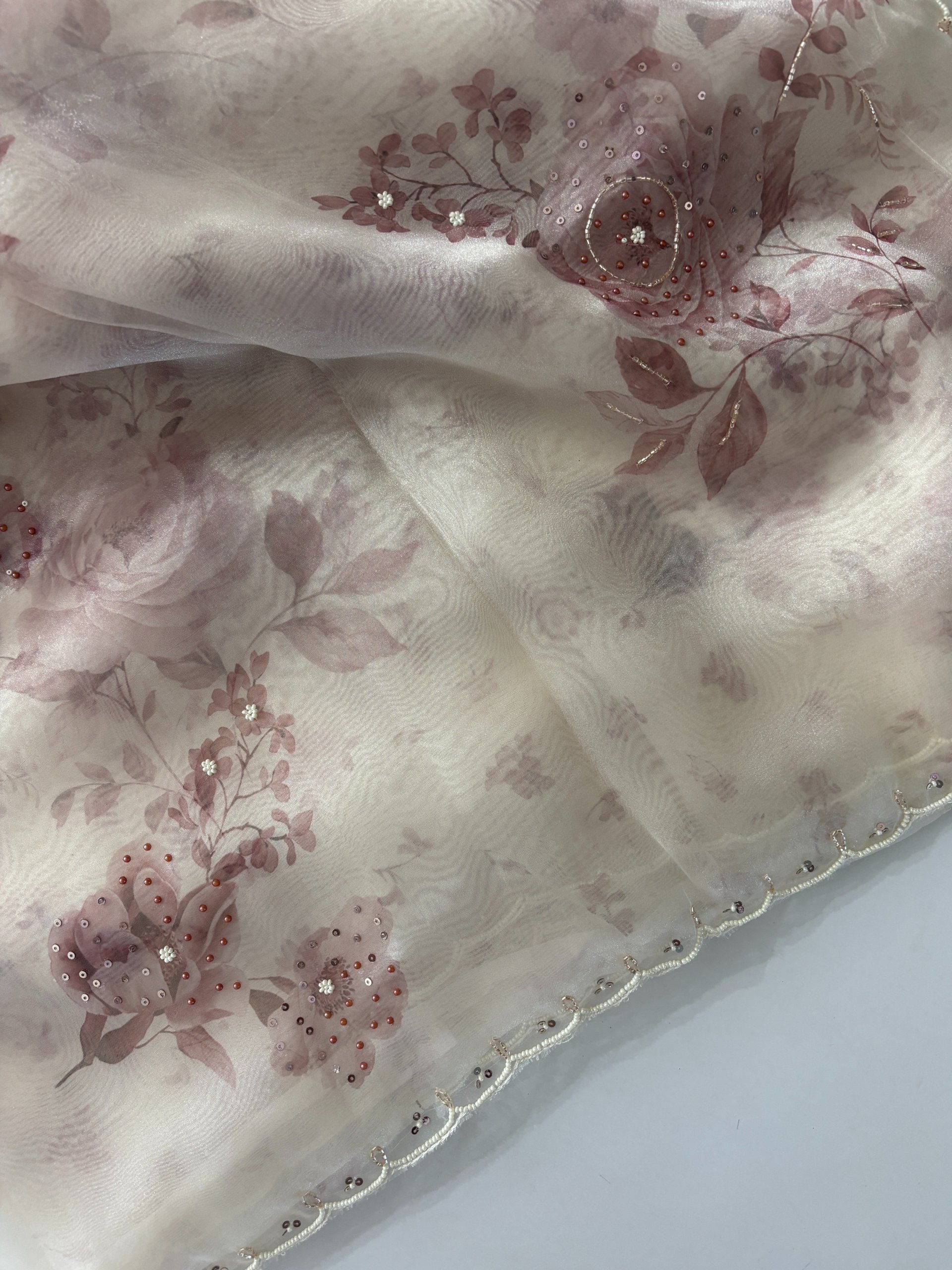 Mauve Pink - White Floral Tissue Organza Saree with Handwork