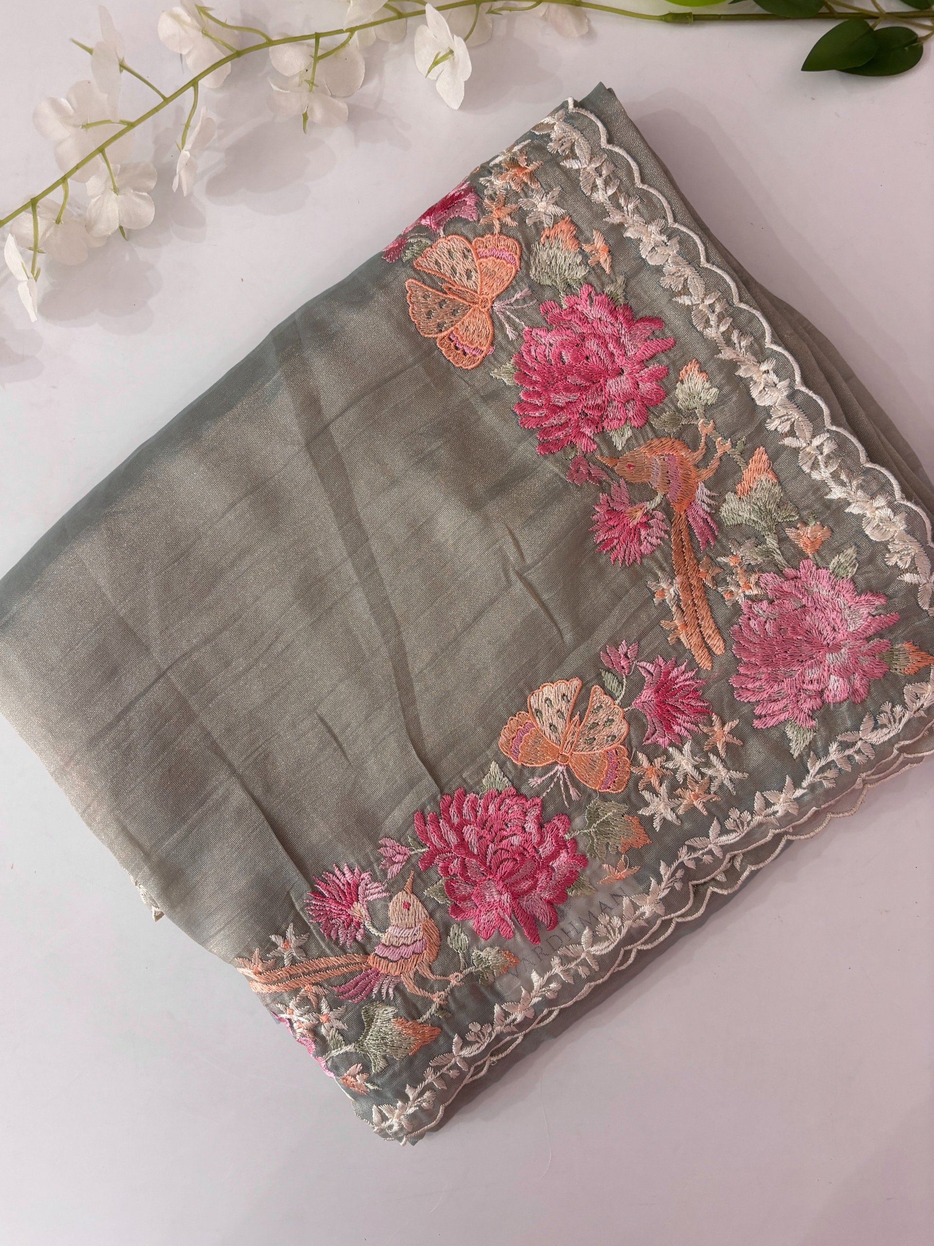 Grey Luxe Fancy Tissue Crepe Saree with Embroidery