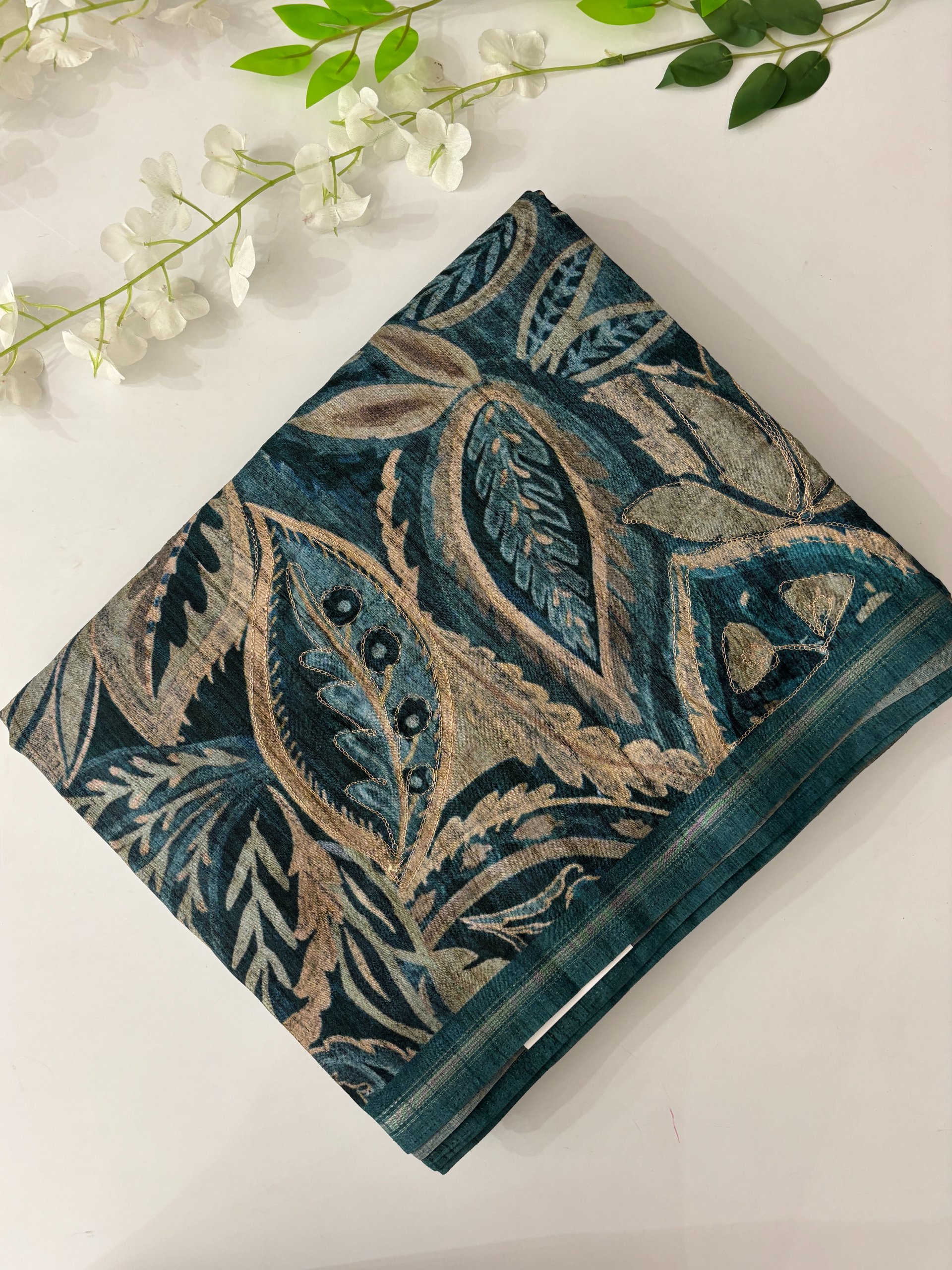 Dusty Blue Tussar Silk Sarees with Aari Work 