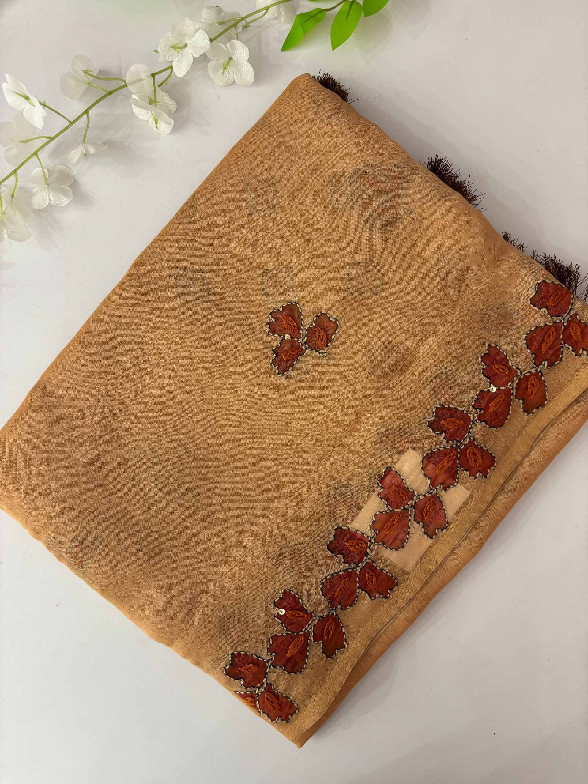 Light Orange Kantha Work Saree