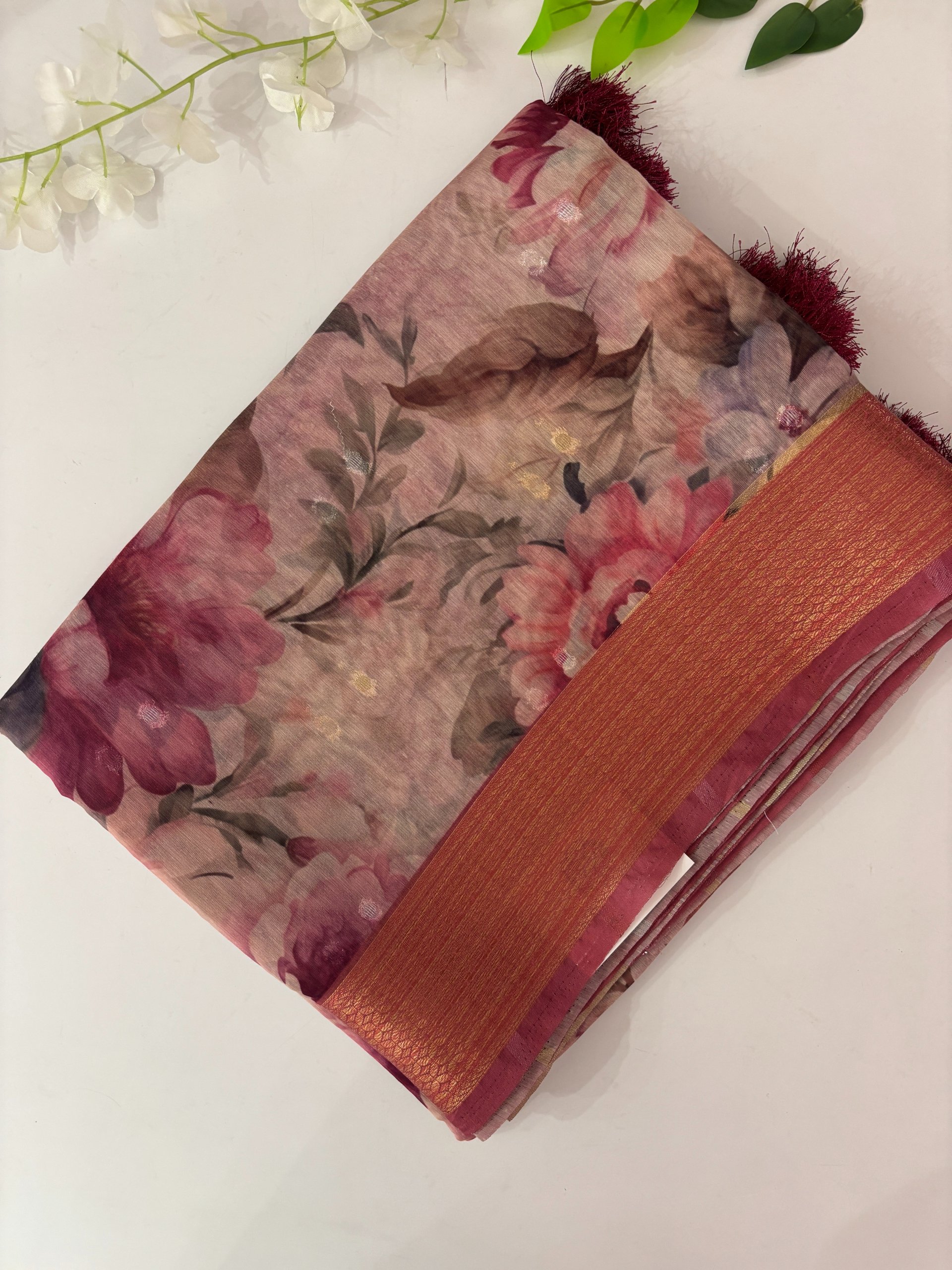 Pink Digital Print Chanderi Cotton Saree
