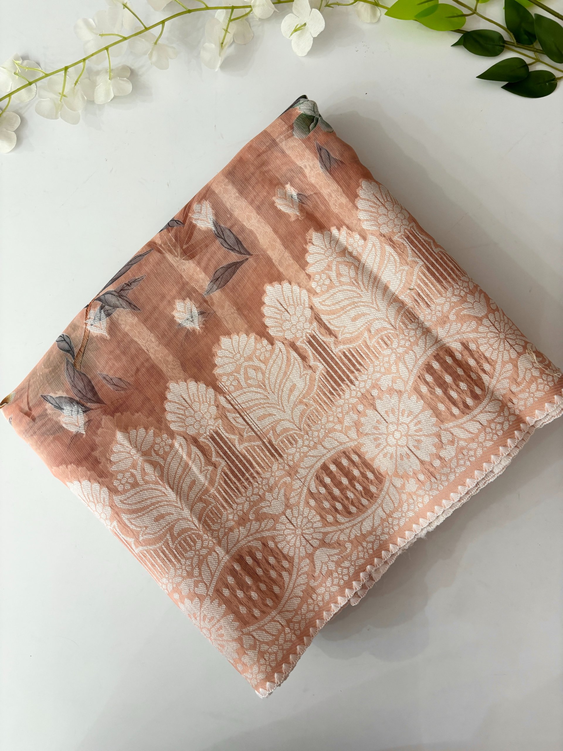 Peach Lucknowi Weaving Cotton Sarees