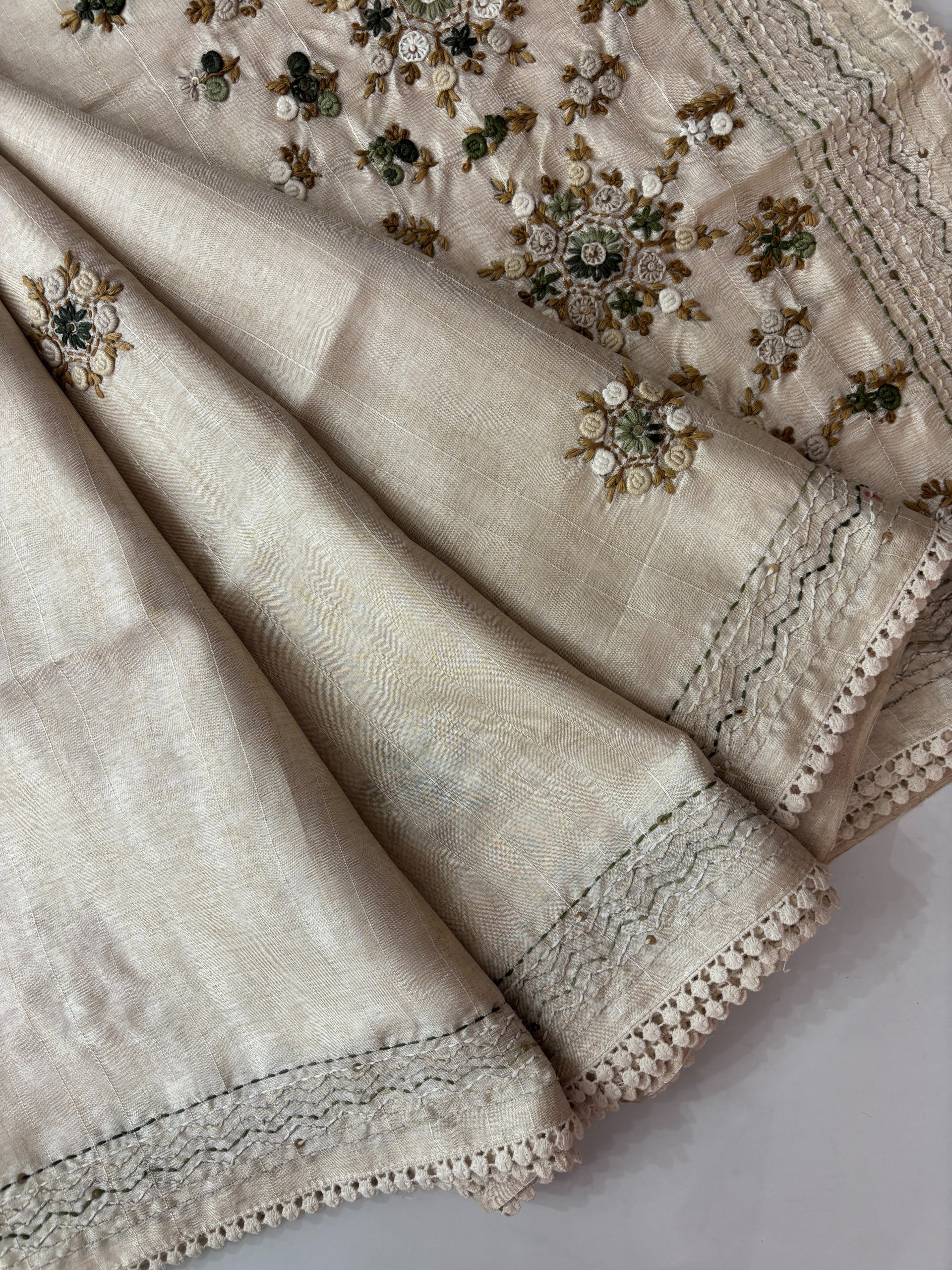 Cream Semi Tussar Silk Sarees with Knot Work