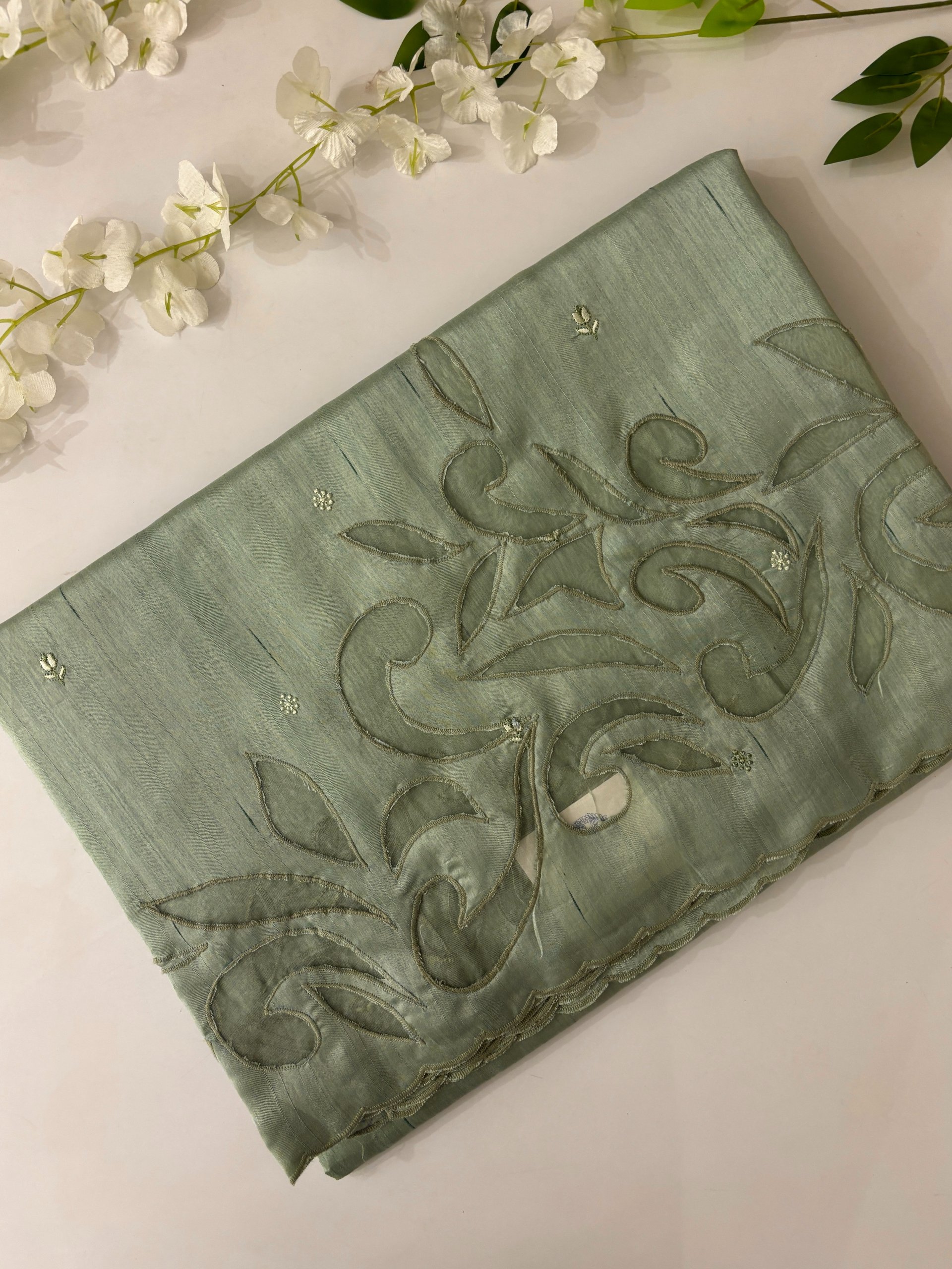 Pista Tussar Silk Sarees with Applique Work