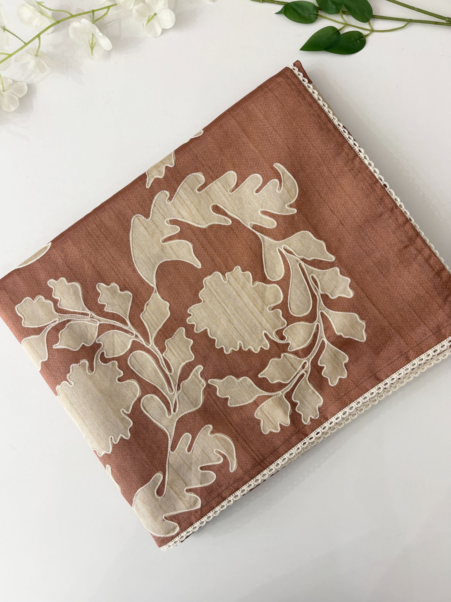 Rust Semi Printed Tussar Silk Sarees with Aari Work