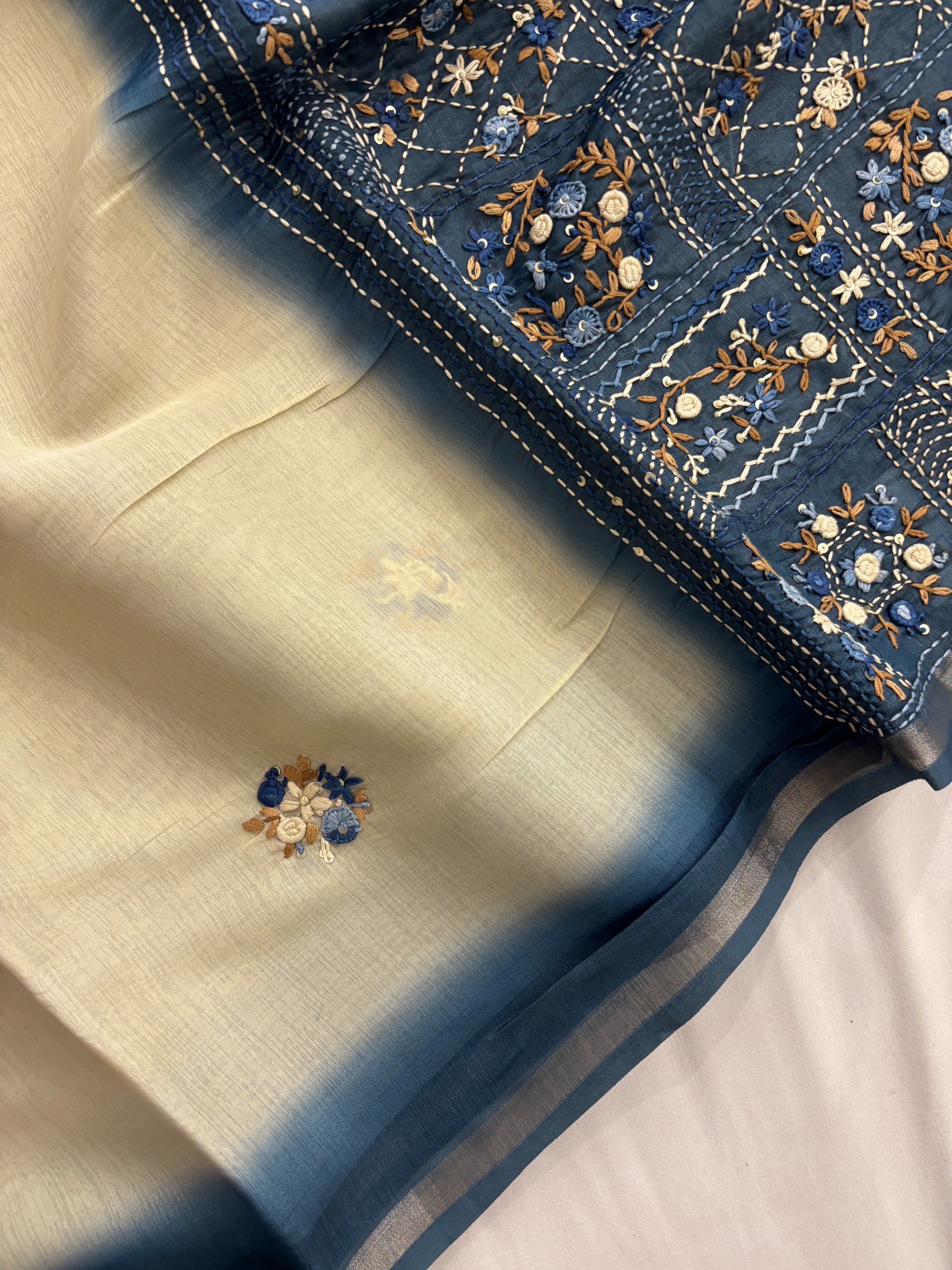 Blue and Cream Tusser Organza Saree with Knot Work