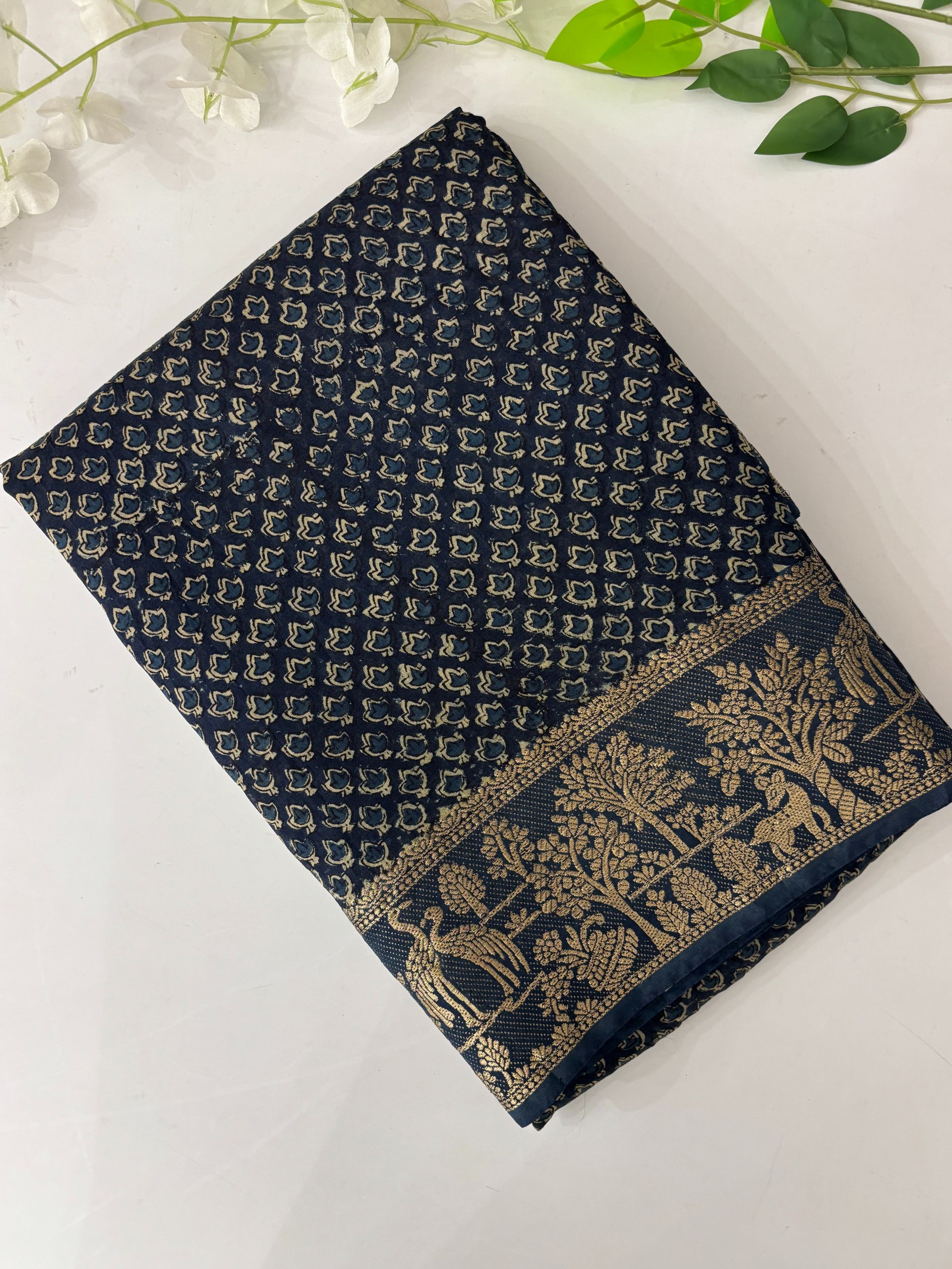 Semi Indigo Print Chanderi Cotton Saree