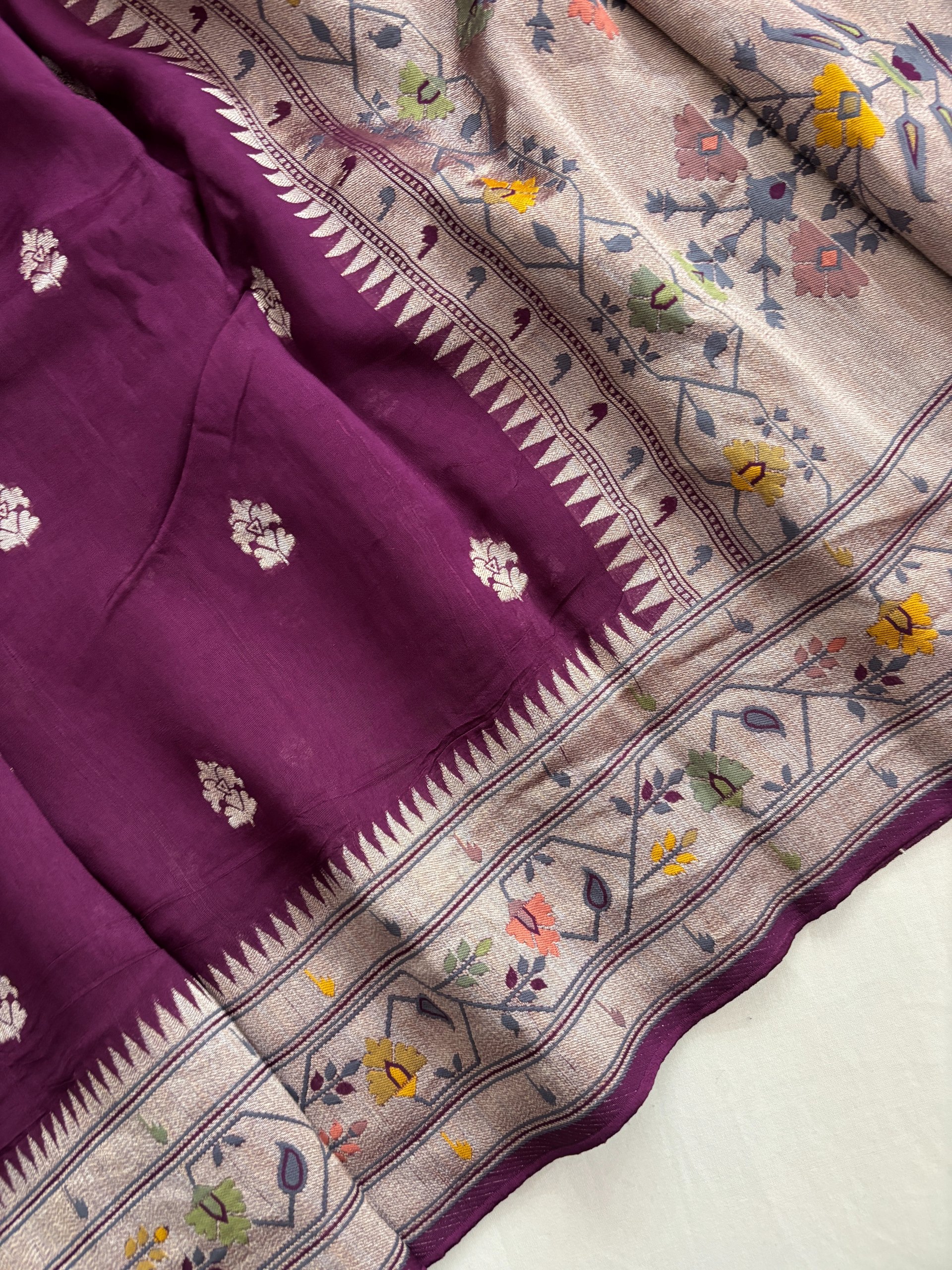 Wine Banarasi Paithani Tussar Silk Saree