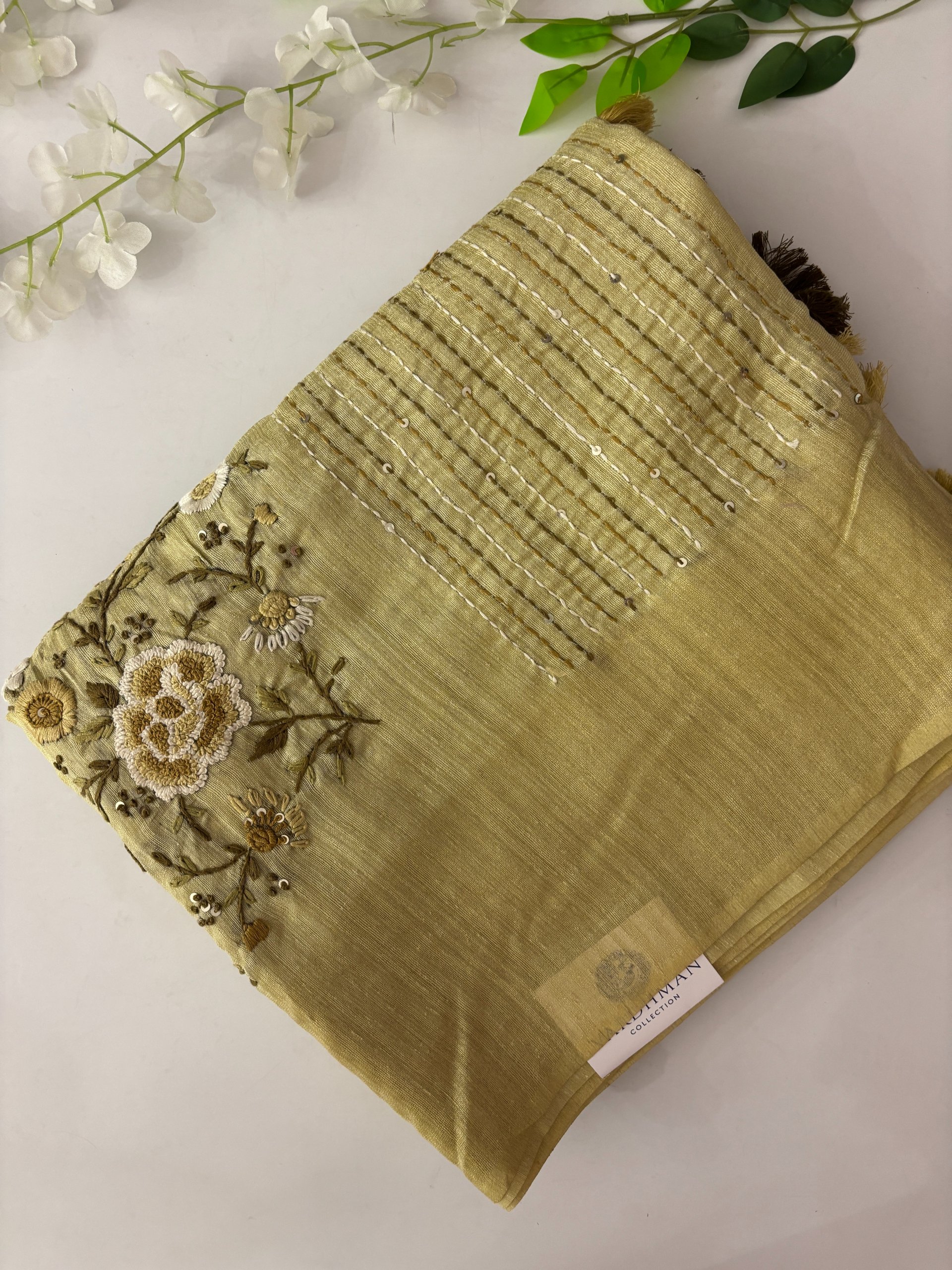 Lemon Yellow Jute Cotton Saree with Knot Work 