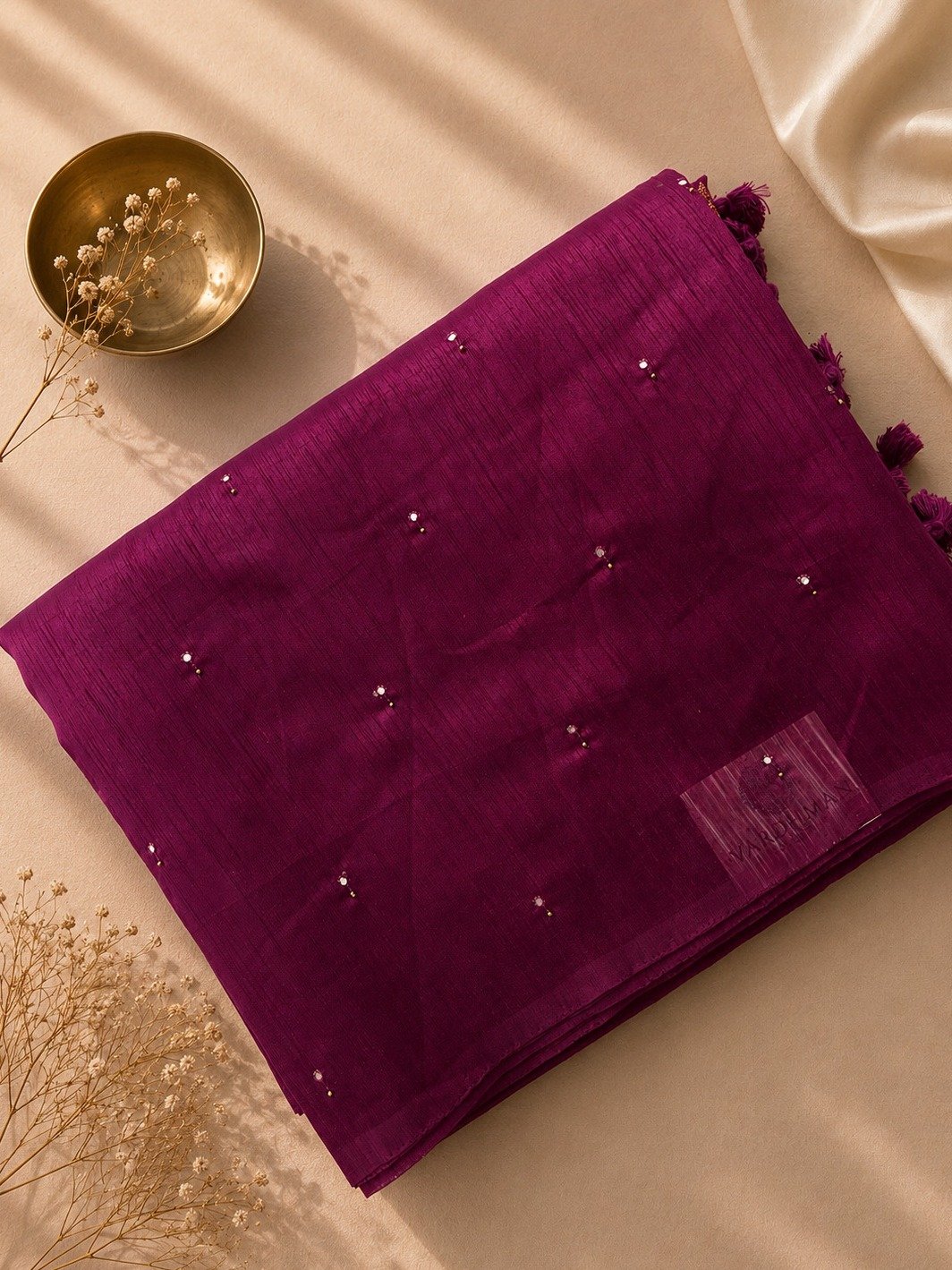Magenta Raw Silk Saree with Mirror Work