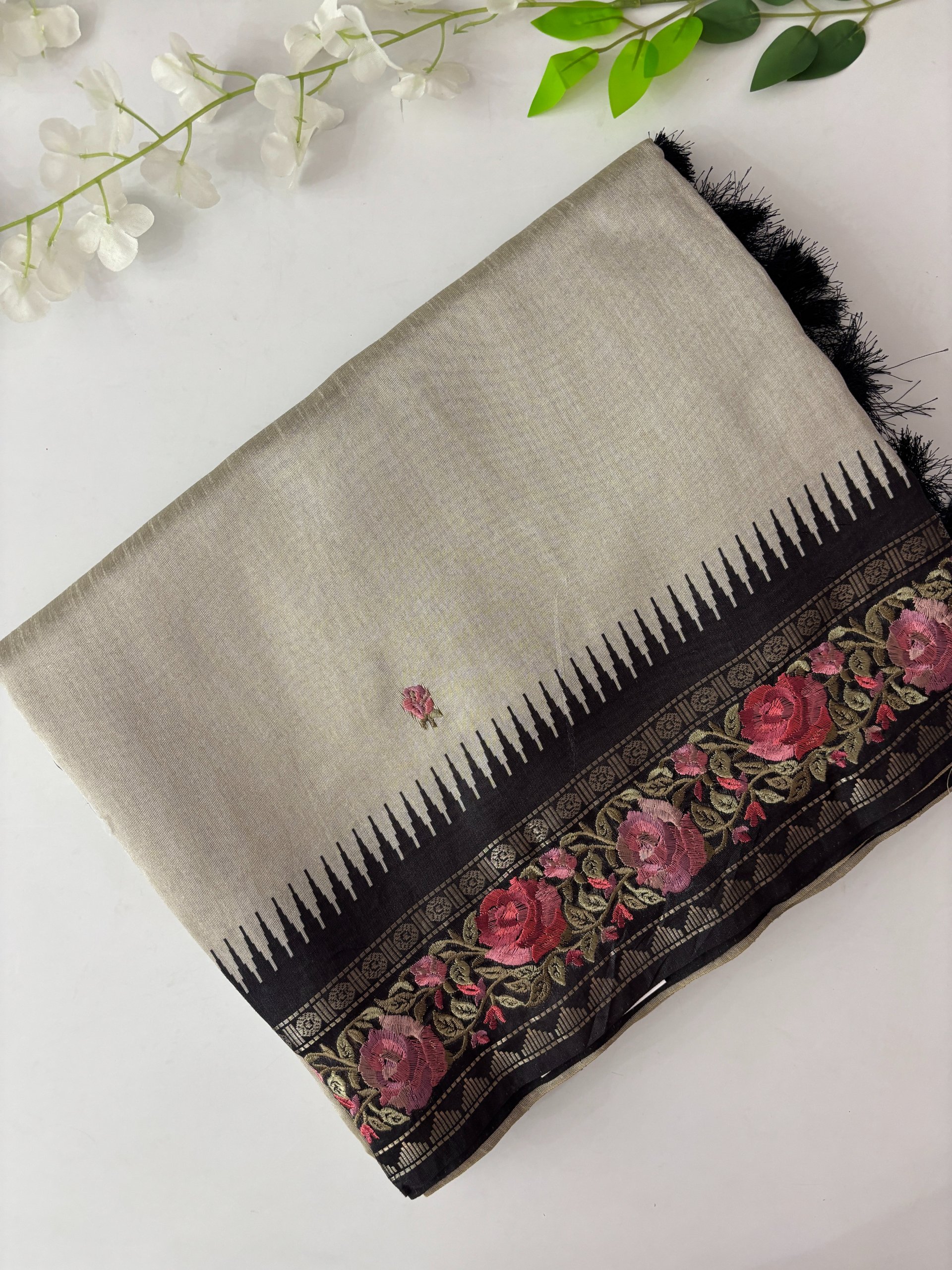 Black Border Tussar Silk Saree with Border Embroidery