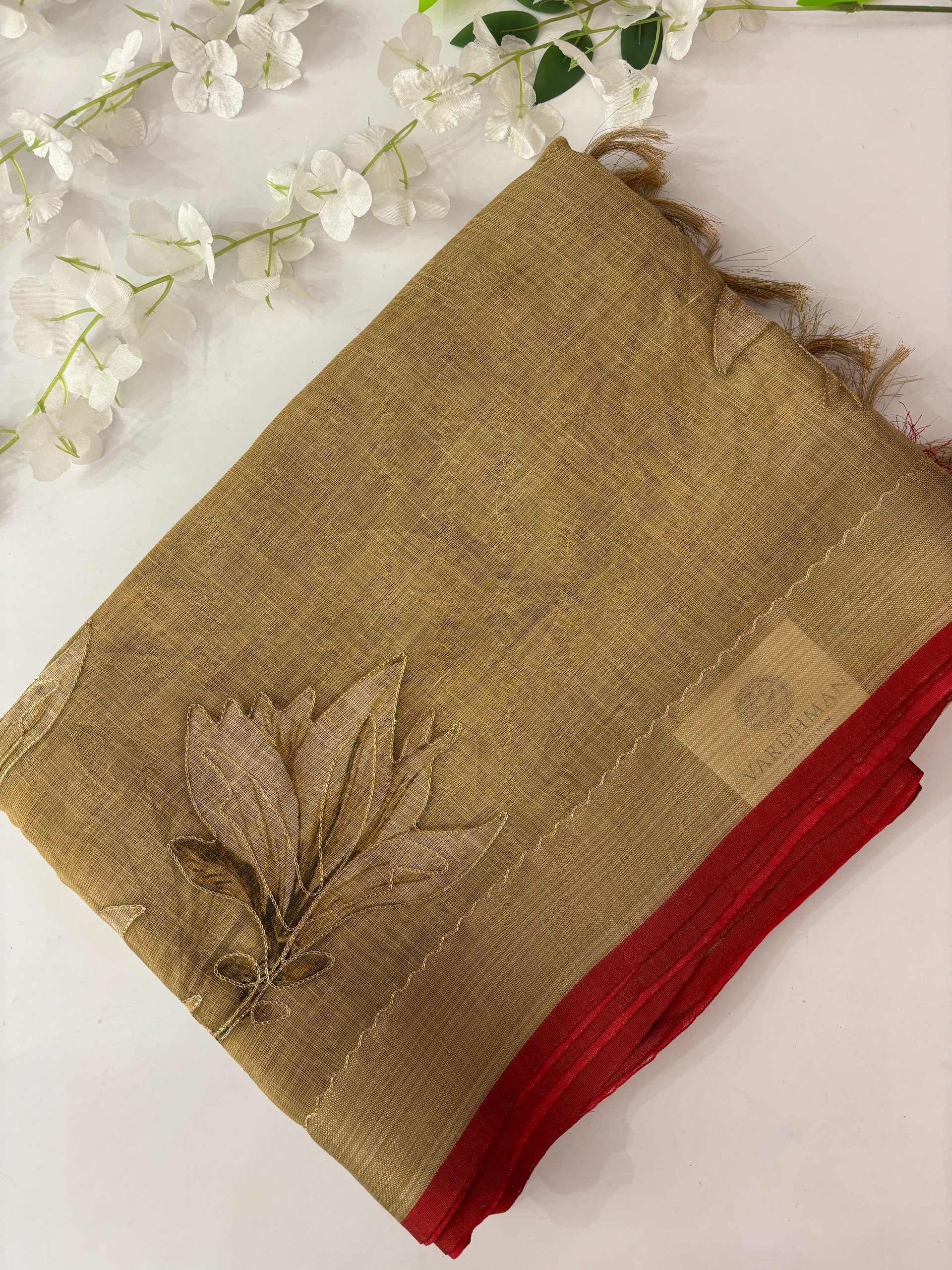 Mustard Linen Tissue Saree with Aari Work